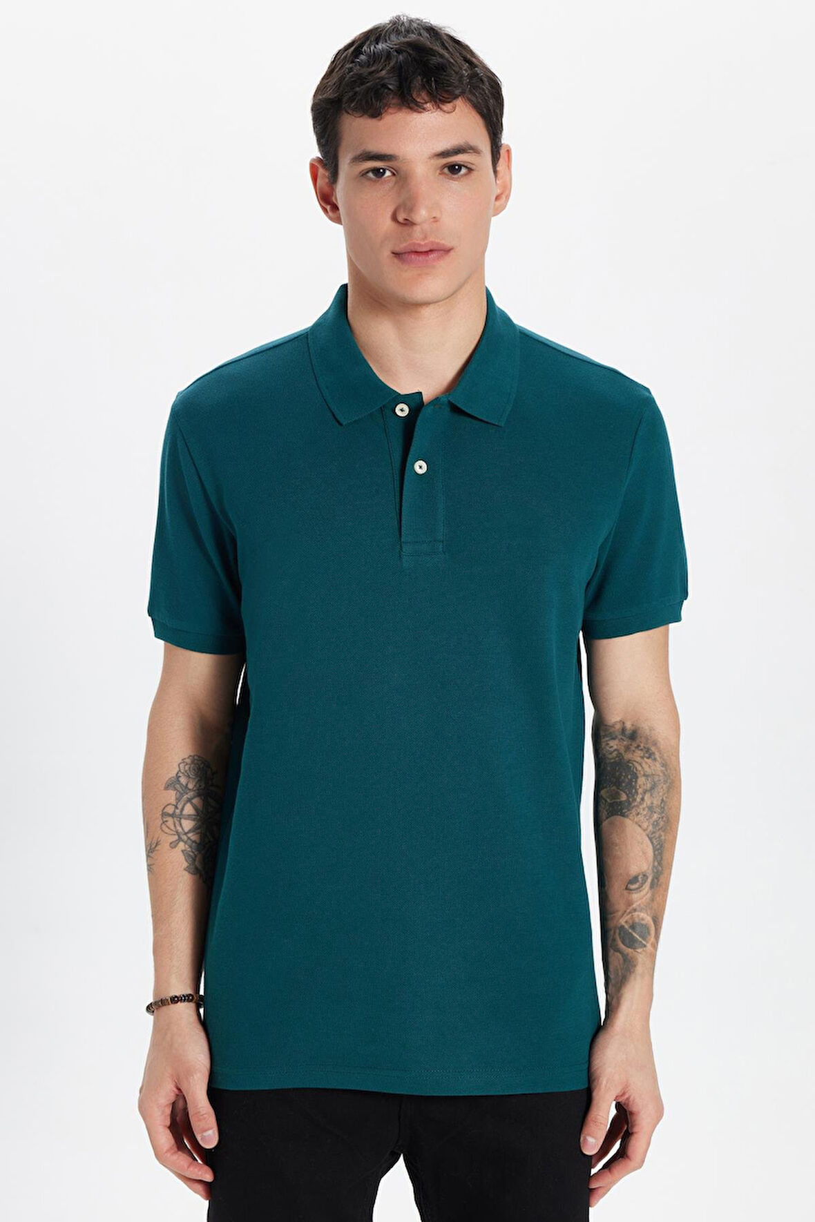 Erkek Slim Fit Dar Kesim %100 Pamuk Yeşil Polo Yaka Tişört