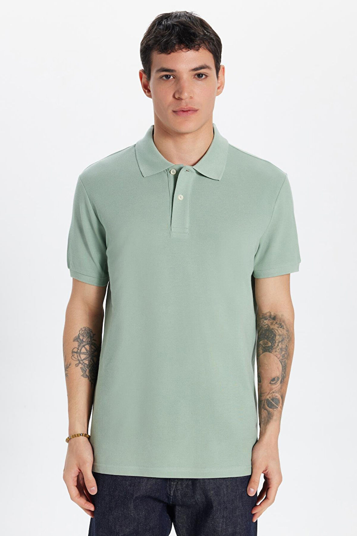 Erkek Slim Fit Dar Kesim %100 Pamuk Yeşil Polo Yaka Tişört