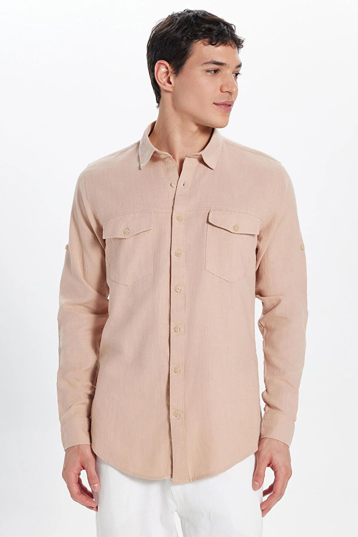 Erkek Slim Fit Dar Kesim %100 Pamuk Keten Doku Çift Cep Spor Yaka Somon Gömlek