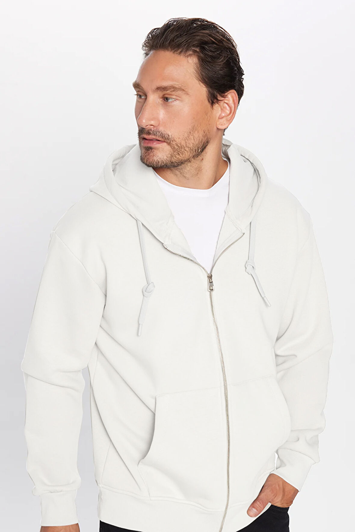 Unisex Relax Fit Rahat Kesim Pamuklu İçi Polarlı Çift Cepli Fermuarlı Beyaz Kapüşonlu Sweatshirt