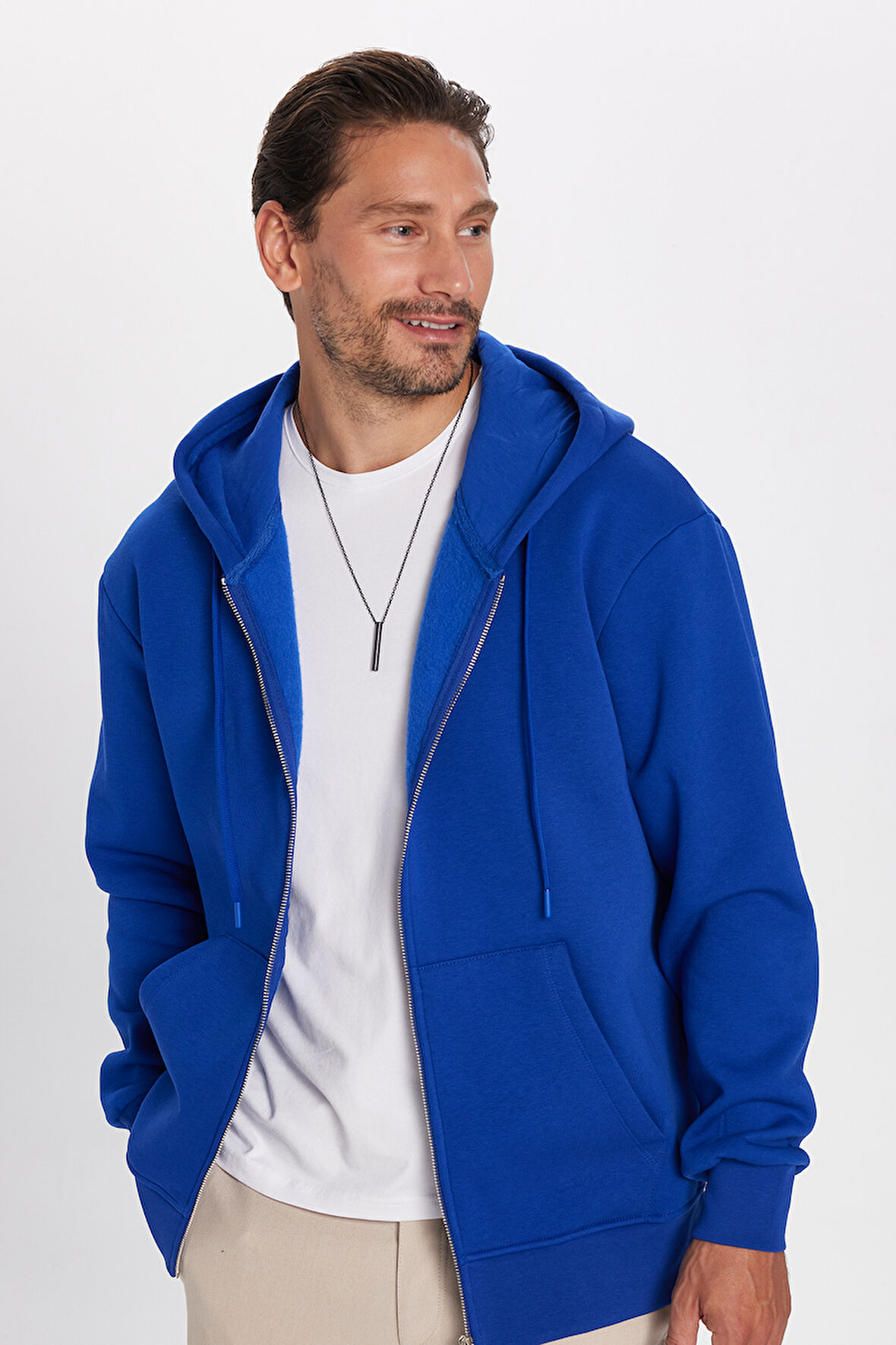 Unisex Relax Fit Rahat Kesim Pamuklu İçi Polarlı Çift Cepli Fermuarlı Sax Mavi Kapüşonlu Sweatshirt