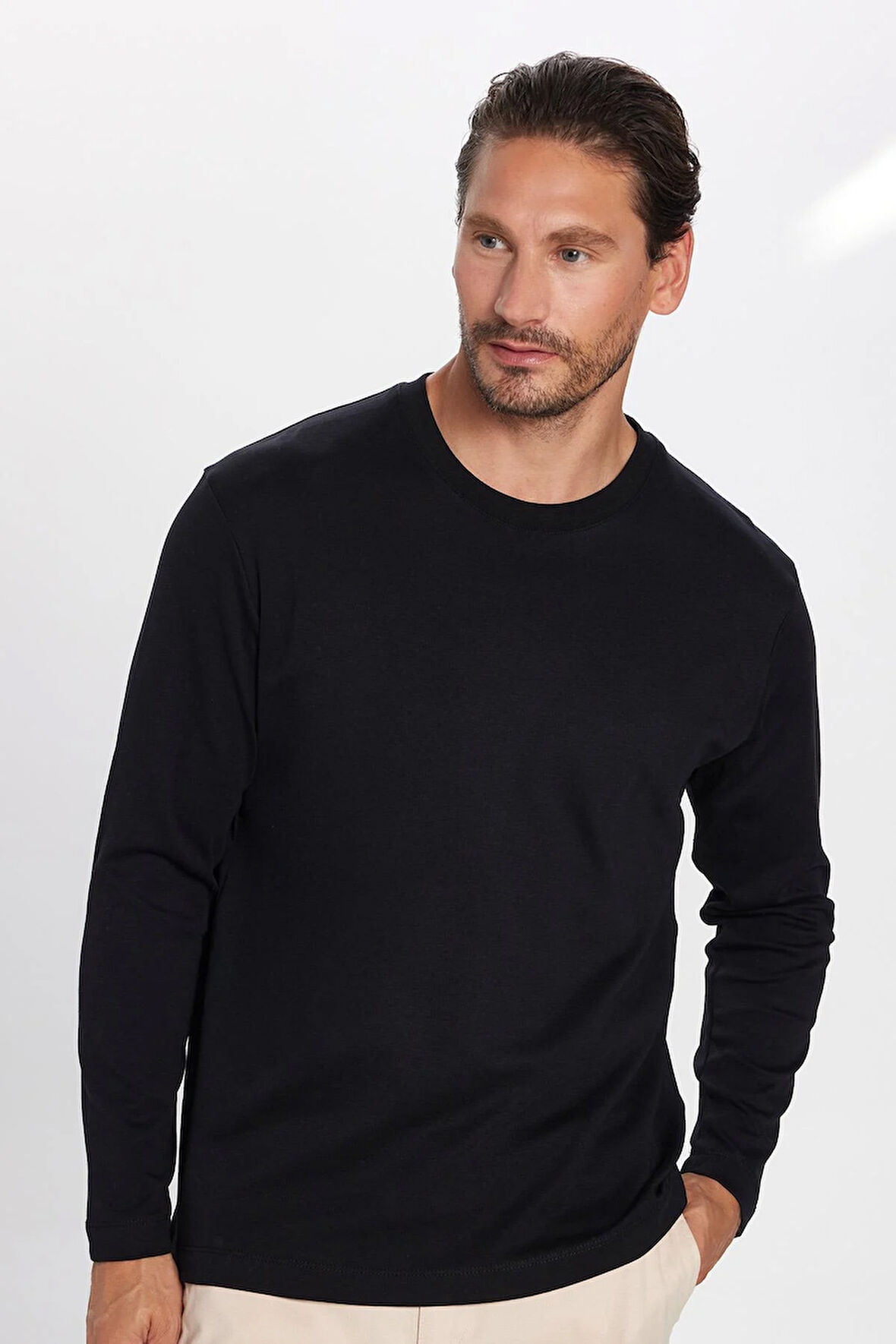 Unisex Relax Fit Rahat Kesim %100 Pamuk Uzun Kollu Bisiklet Yaka Siyah Basic Tişört