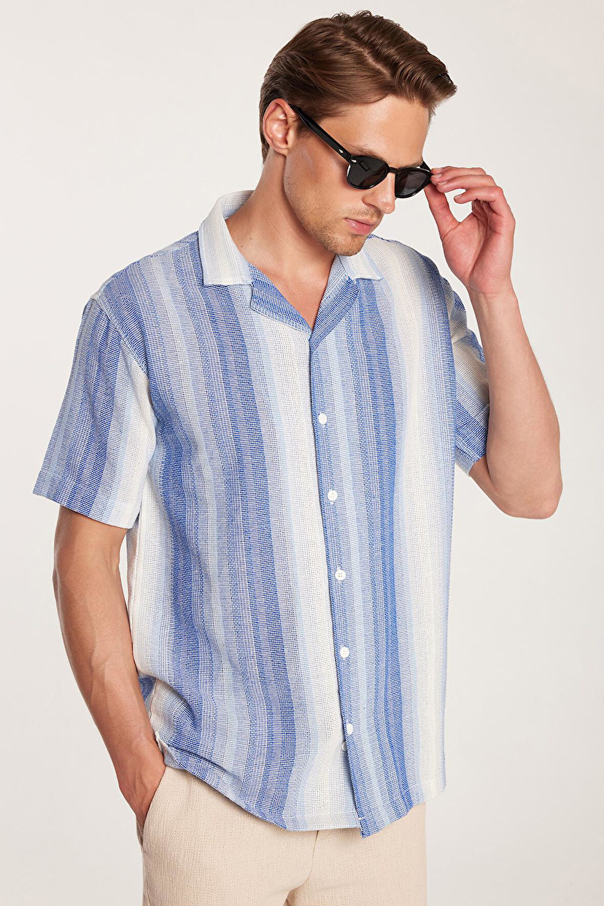 Relax Fit Oversize Dökümlü Rahat Kalıp Çizgili Keten Efekt Erkek Gömlek