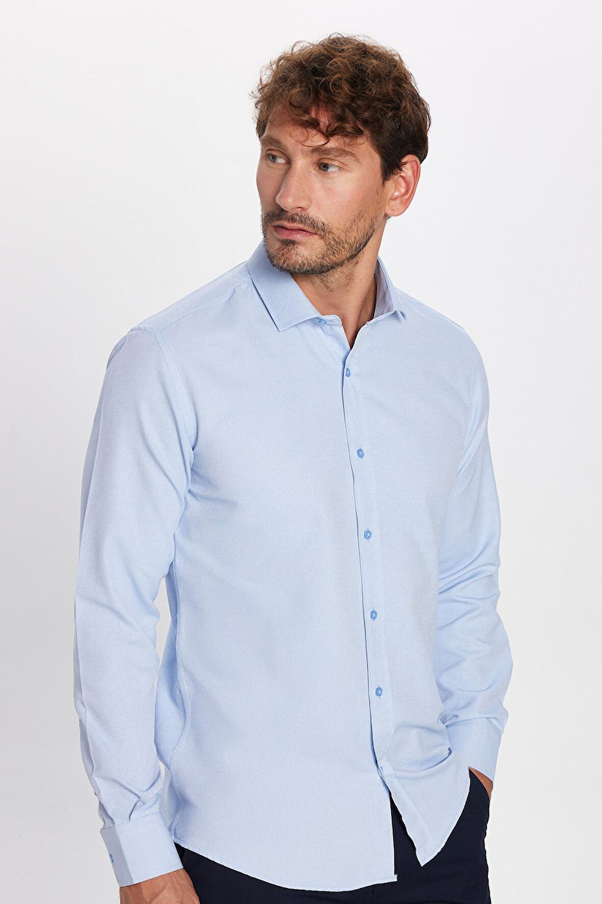 Modern Slim Fit Uzun Kollu Pamuklu Kolay Ütü Armürlü Mavi Erkek Gömlek