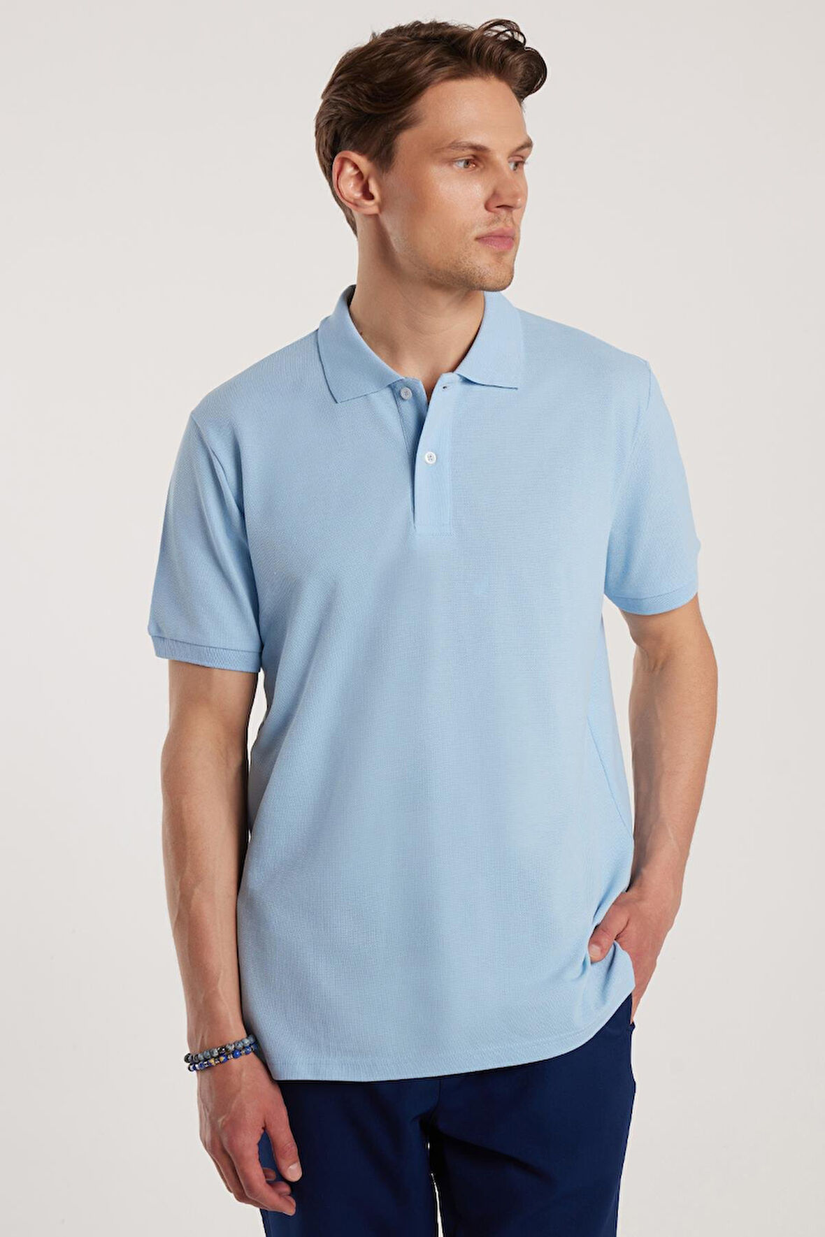Erkek Regular Fit Klasik Kesim %100 Pamuk Düz Pike Mavi Polo Yaka Tişört