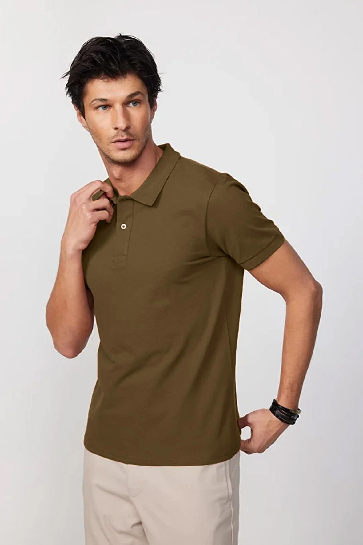 Erkek Regular Fit Klasik Kesim %100 Pamuk Düz Pike Koyu Vizon Polo Yaka Tişört