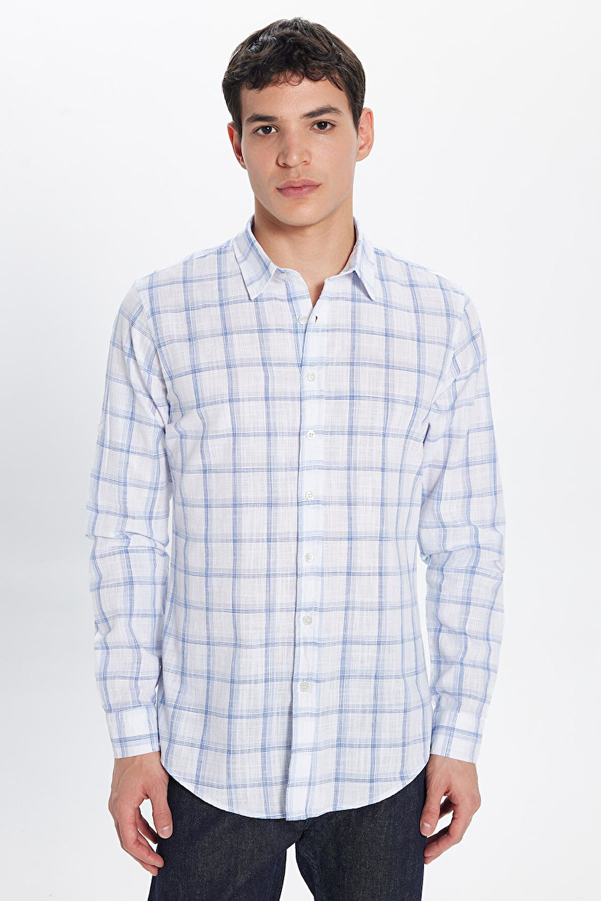 Erkek Slim Fit Dar Kesim %100 Pamuk Keten Doku Kareli Gömlek