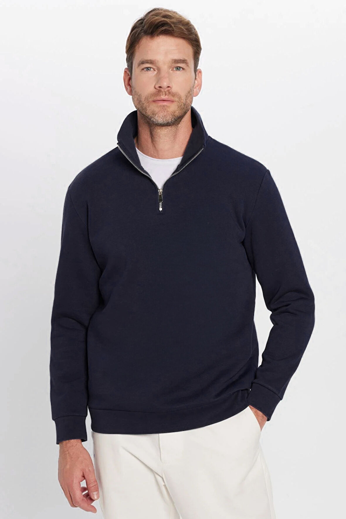 Unisex Relax Fit Rahat Kesim Pamuklu İçi Polarlı Yarım Fermuarlı Lacivert Dik Yaka Sweatshirt