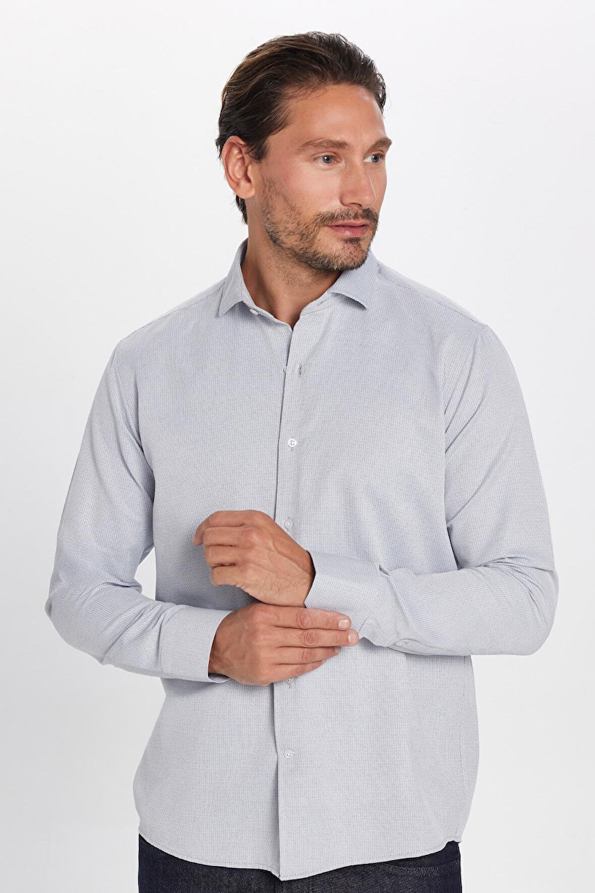 Erkek Regular Fit Klasik Kesim Pamuklu Kolay Ütü Armürlü Gri Gömlek