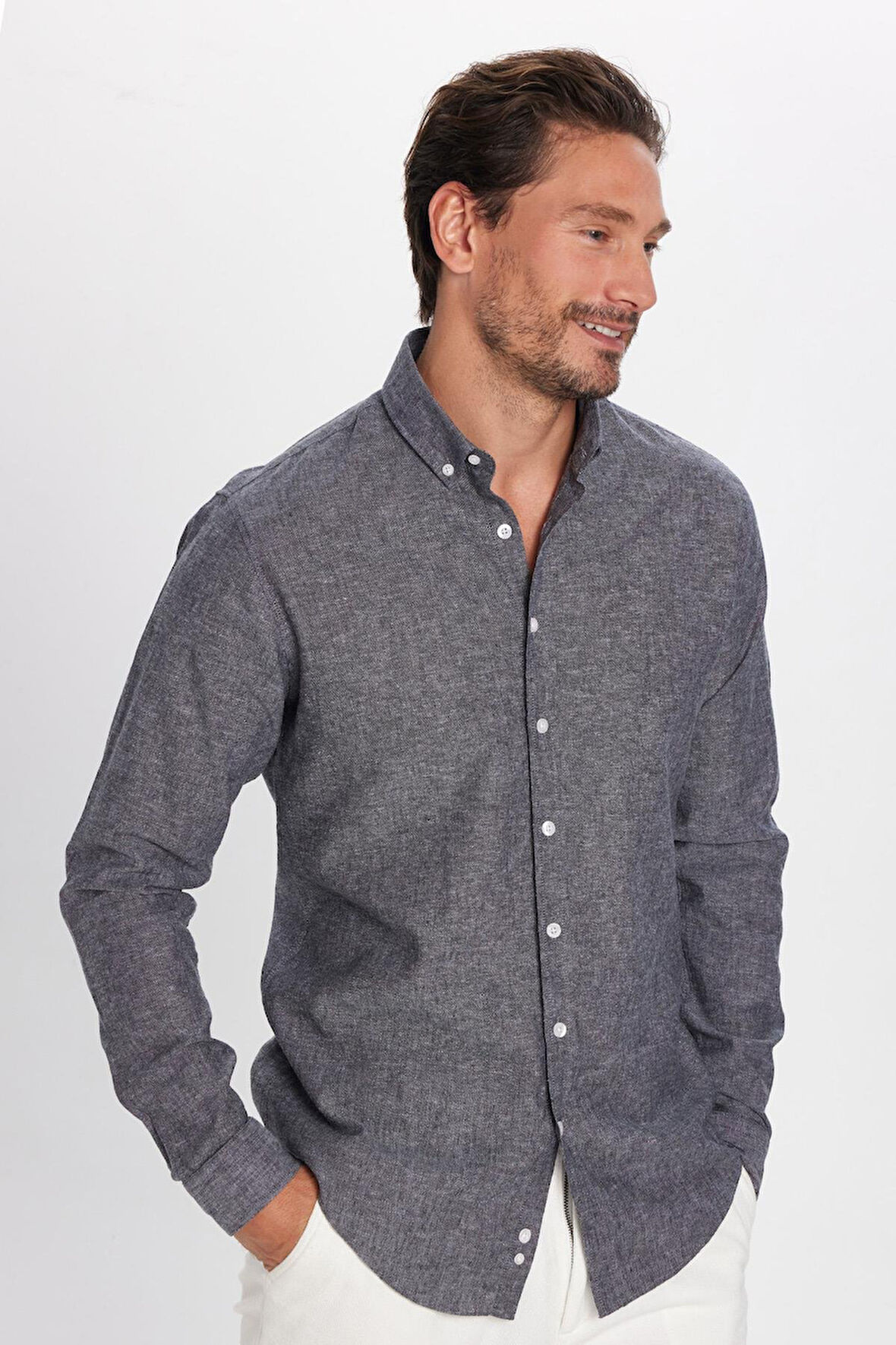 Erkek Slim Fit Dar Kesim Uzun Kollu Keten Premium Seri Düğmeli Yaka Spor Antrasit Gömlek
