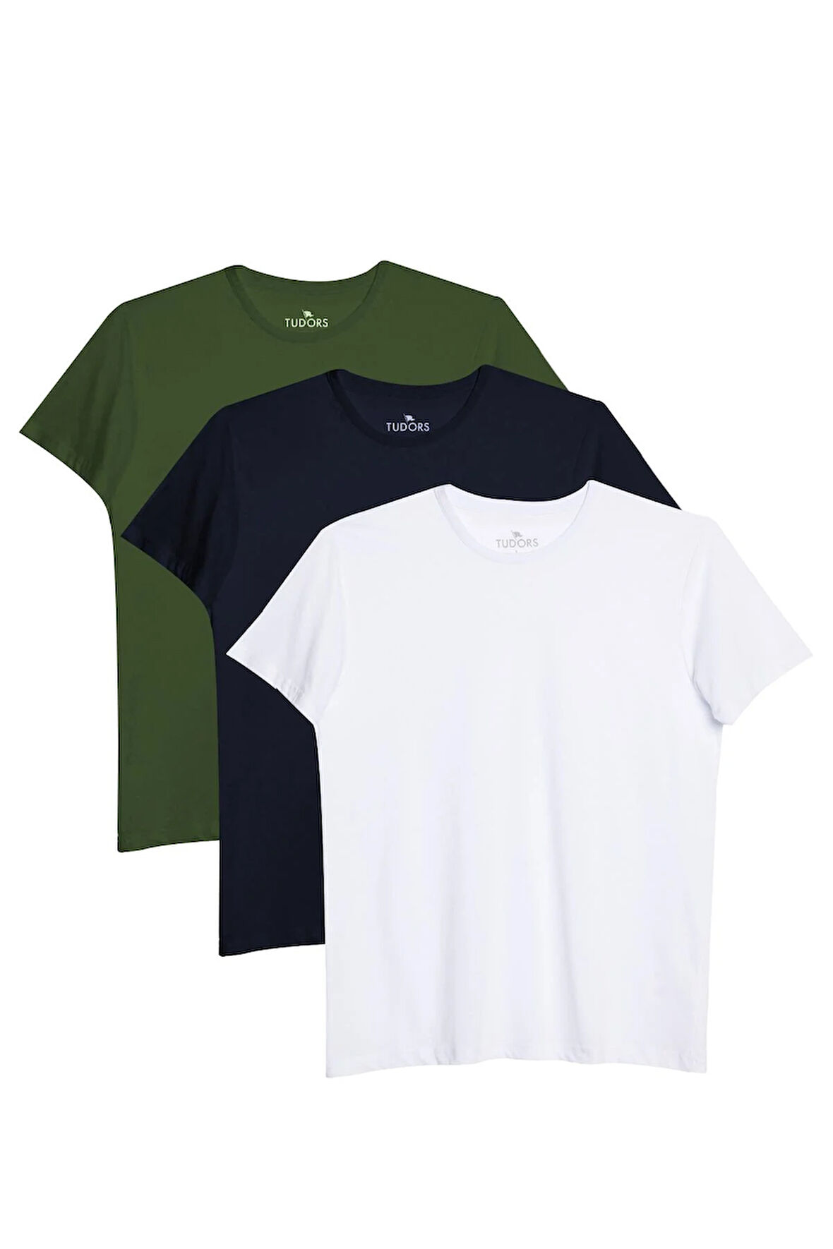 Unisex 3'lü Paket Lacivert-Beyaz-Haki Rengi Slim Fit Dar Kesim %100 Pamuk Bisiklet Yaka Tişört