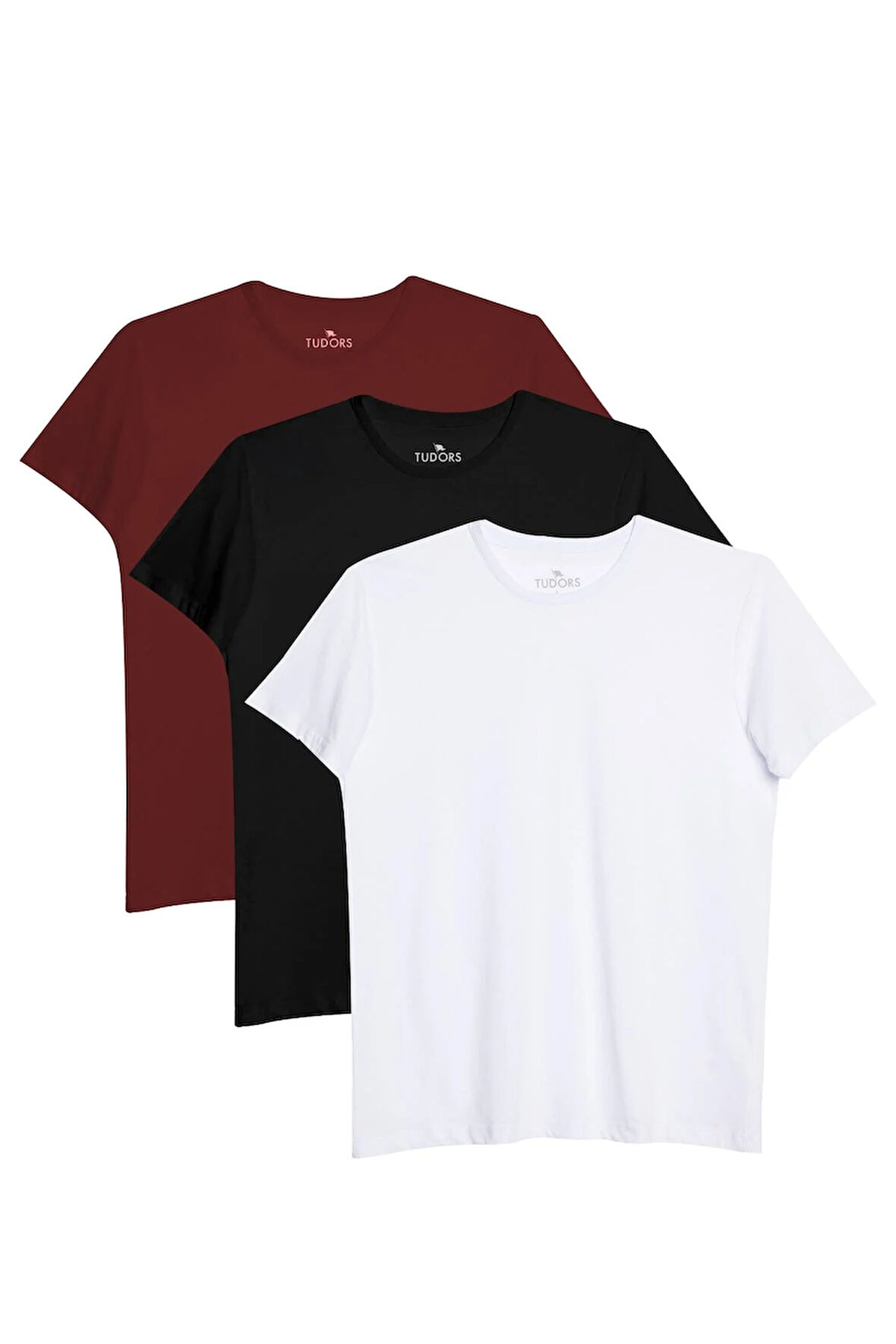 Unisex 3'lü Paket Siyah-Beyaz-Bordo Rengi Slim Fit Dar Kesim %100 Pamuk Bisiklet Yaka Tişört