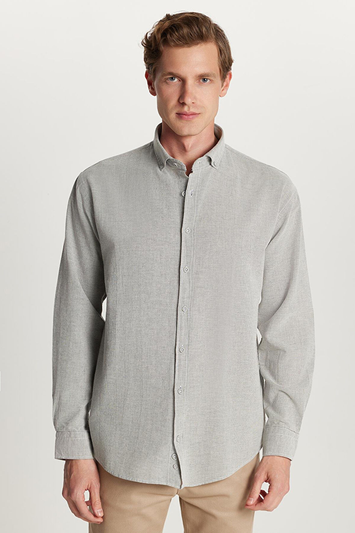 Erkek Relax Fit Rahat Kalıp Uzun Kollu %100 Pamuk Düğmeli Spor Yaka Gri Gömlek