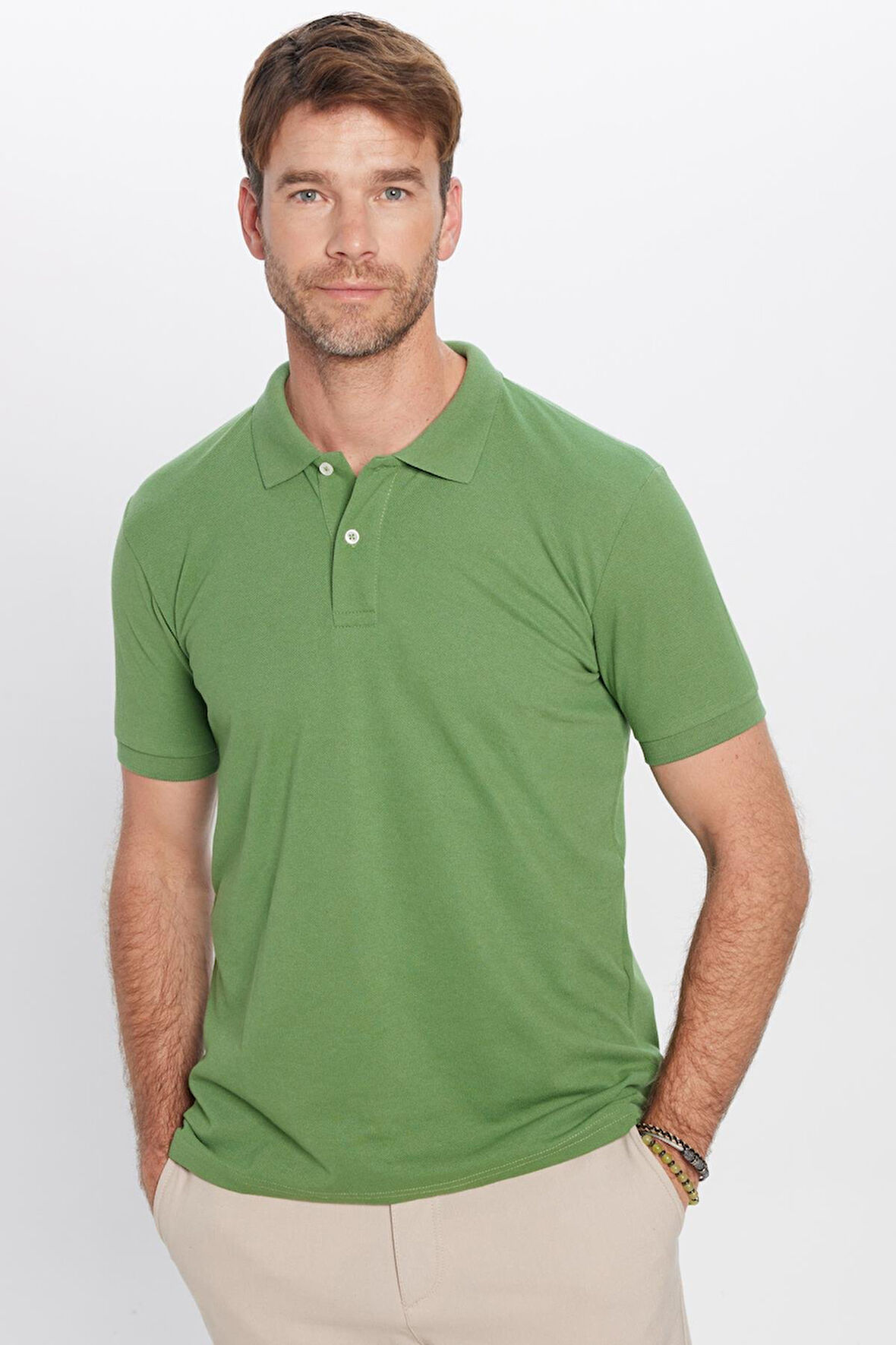 Erkek Slim Fit Dar Kesim Pamuklu Yumuşak Dokulu Serin Tutan Kumaş Düz Pike Yeşil Polo Yaka Tişört