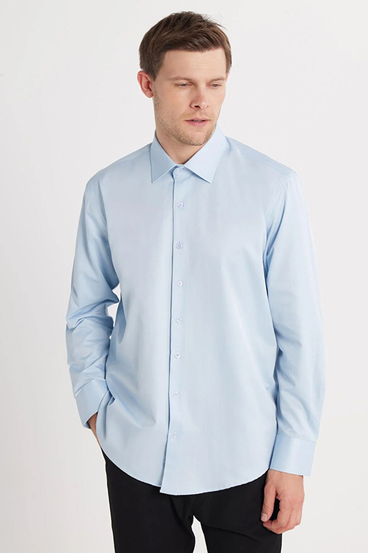 Erkek Regular Fit Klasik Kesim Pamuklu Düz Mavi Gömlek