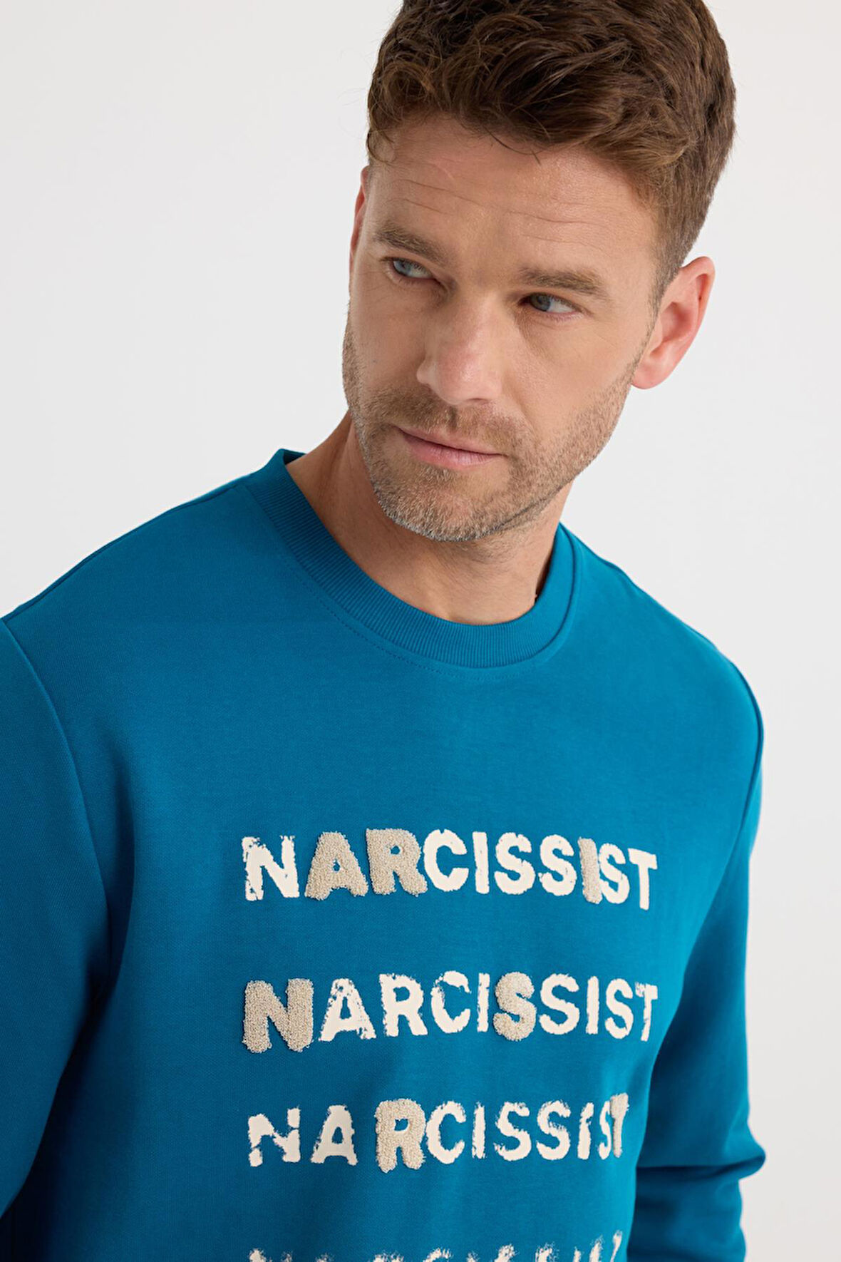 Unisex Oversize Pamuklu Yumuşak Dokulu Bisiklet Yaka İçi Polarlı Baskılı Turkuaz Sweatshirt​​​​​​​