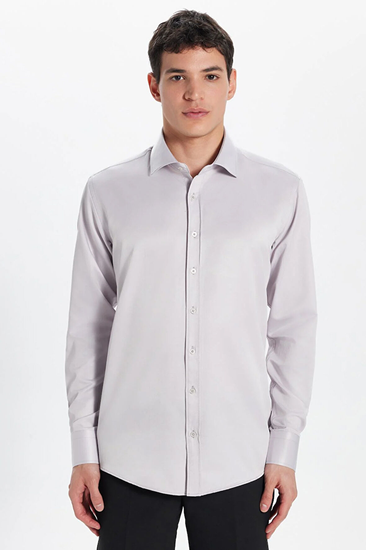 Erkek Modern Slim Fit Düz Saten Pamuklu Bej Gömlek