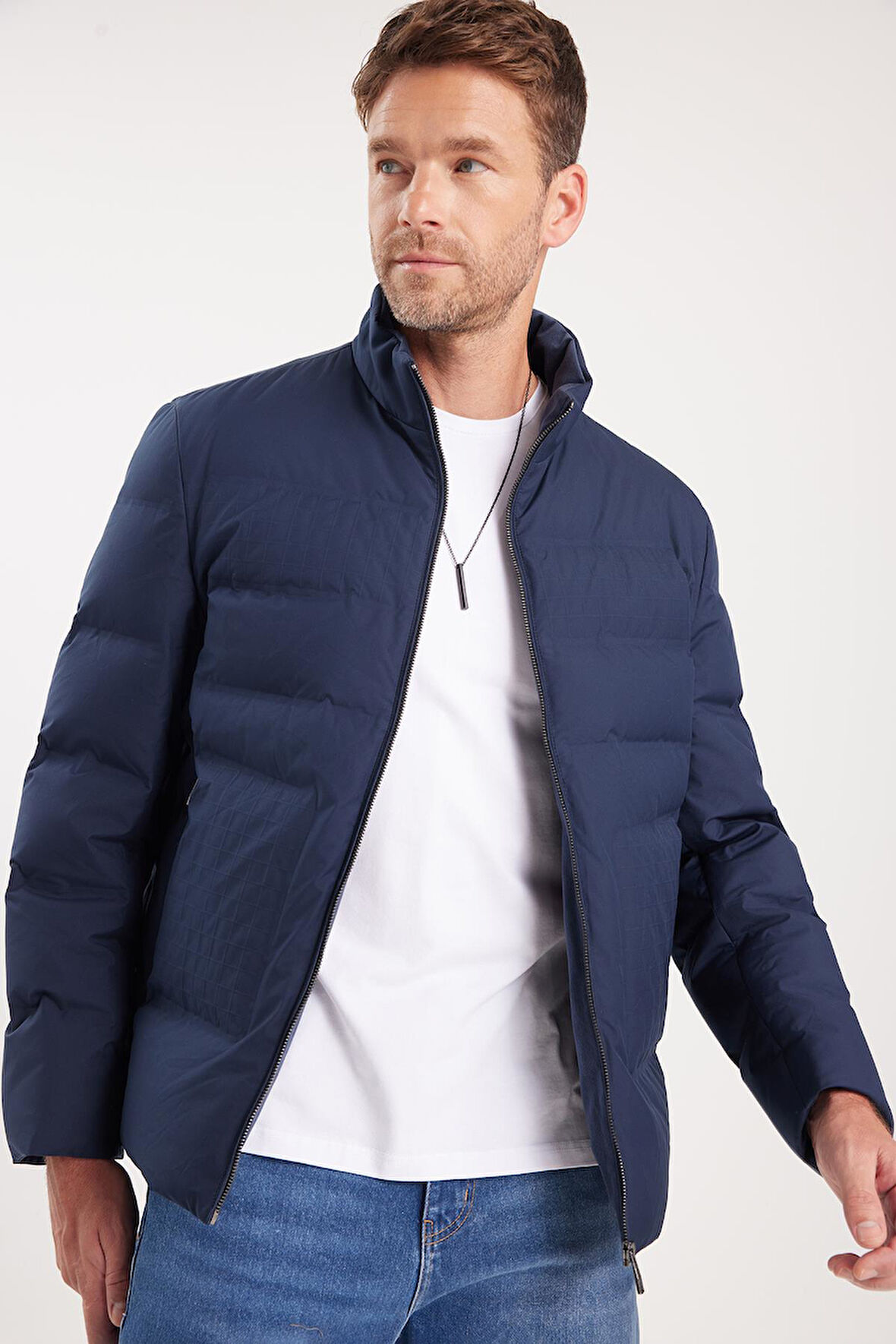 Erkek Regular Fit Normal Kesim Kaz Tüyü Çift Cepli Fermuarlı Lacivert Mont