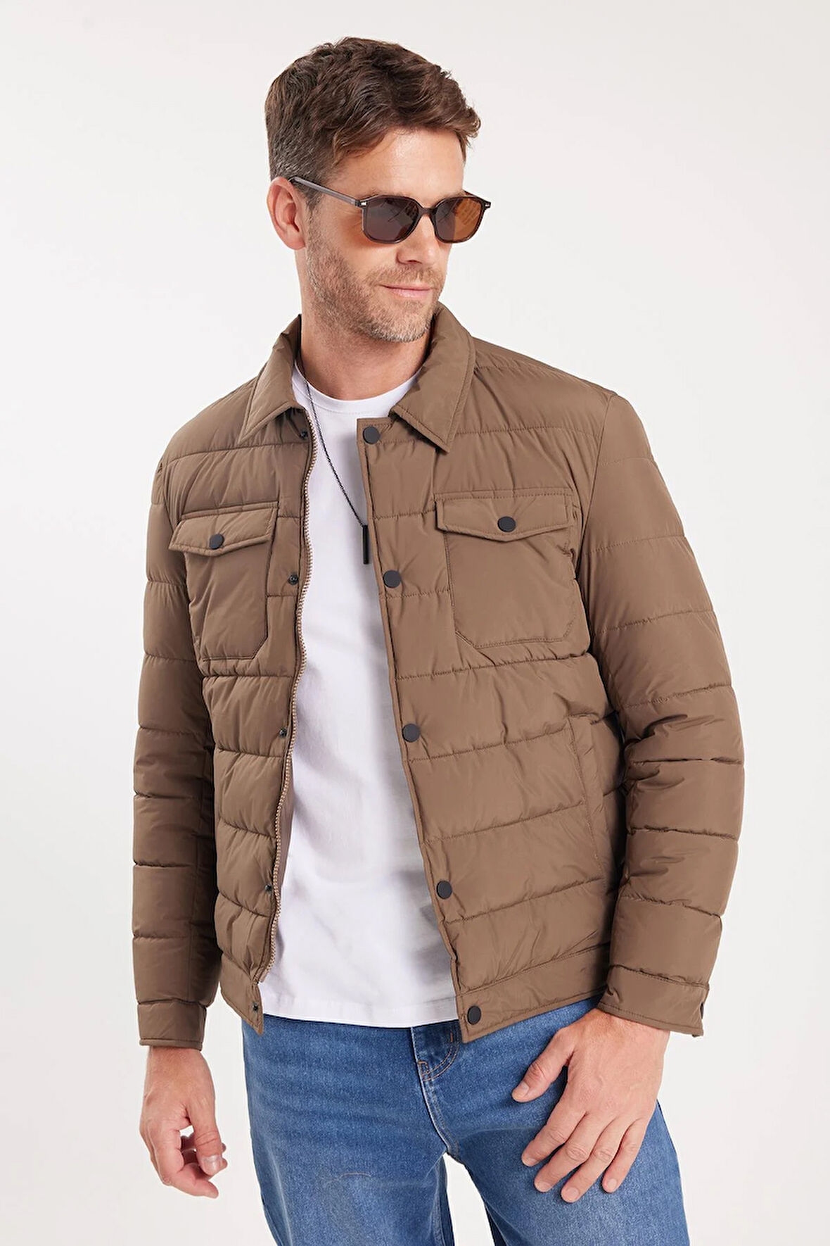 Erkek Regular Fit Klasik Kesim Çift Cepli Çıtçıt Kapamalı Kahverengi Mont