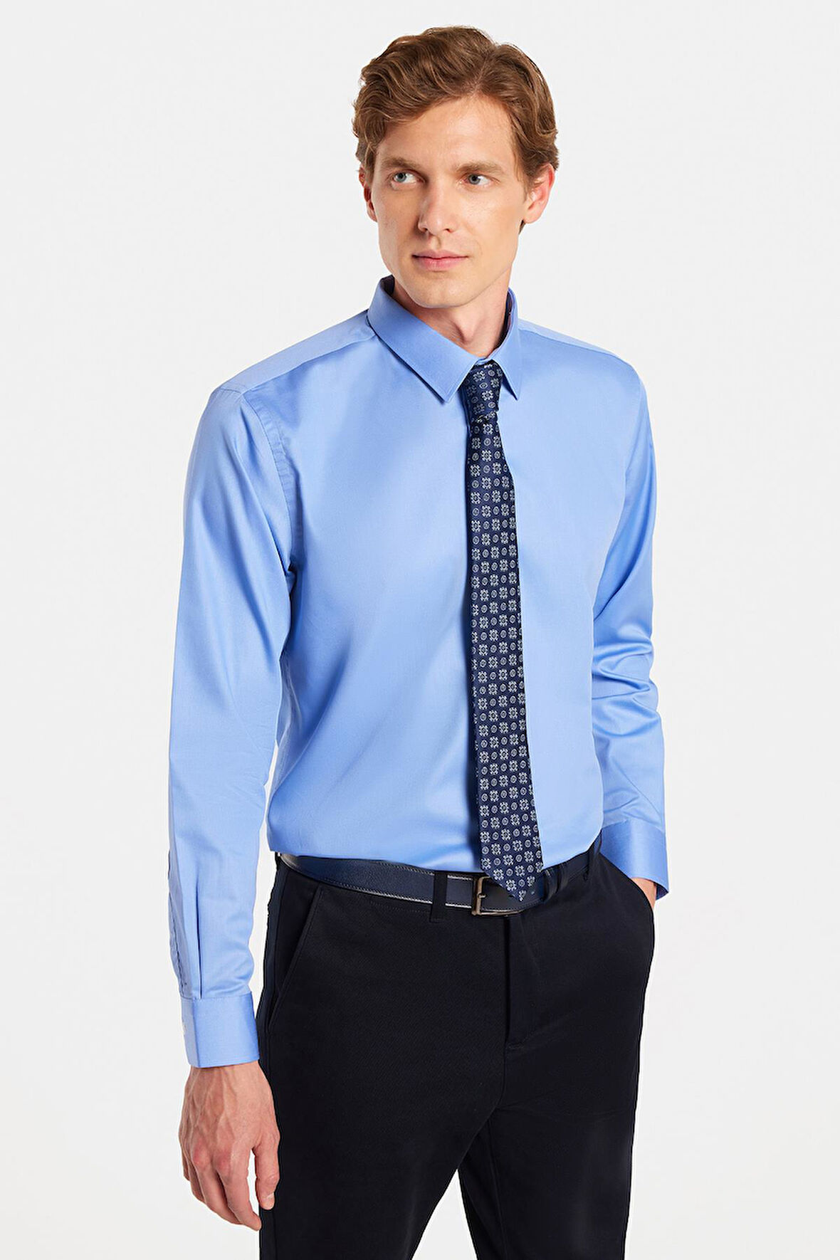 Erkek Slim Fit Non-Iron Pamuklu Doğa Dostu Ekoteks Belgeli Ütü Gerektirmez Mavi Gömlek