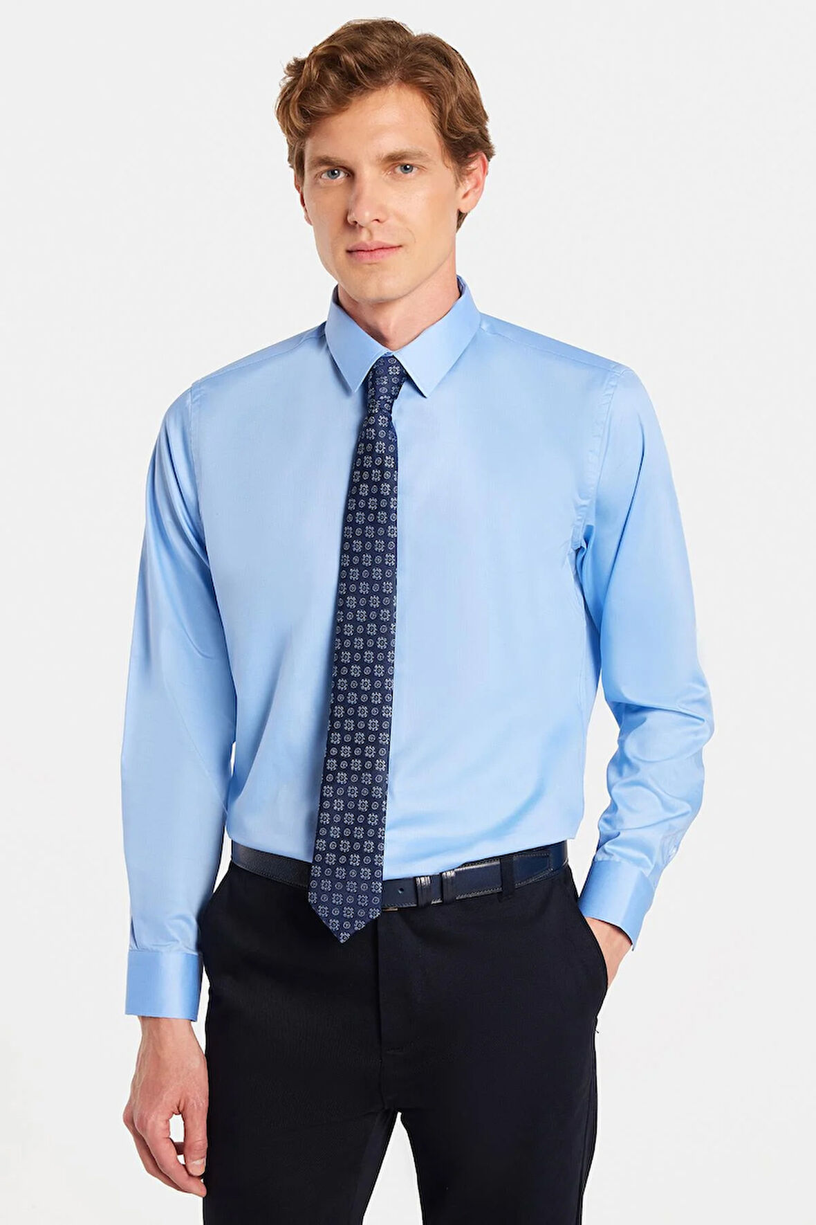 Erkek Slim Fit Non-Iron Pamuklu Doğa Dostu Ekoteks Belgeli Ütü Gerektirmez Açık Mavi Gömlek