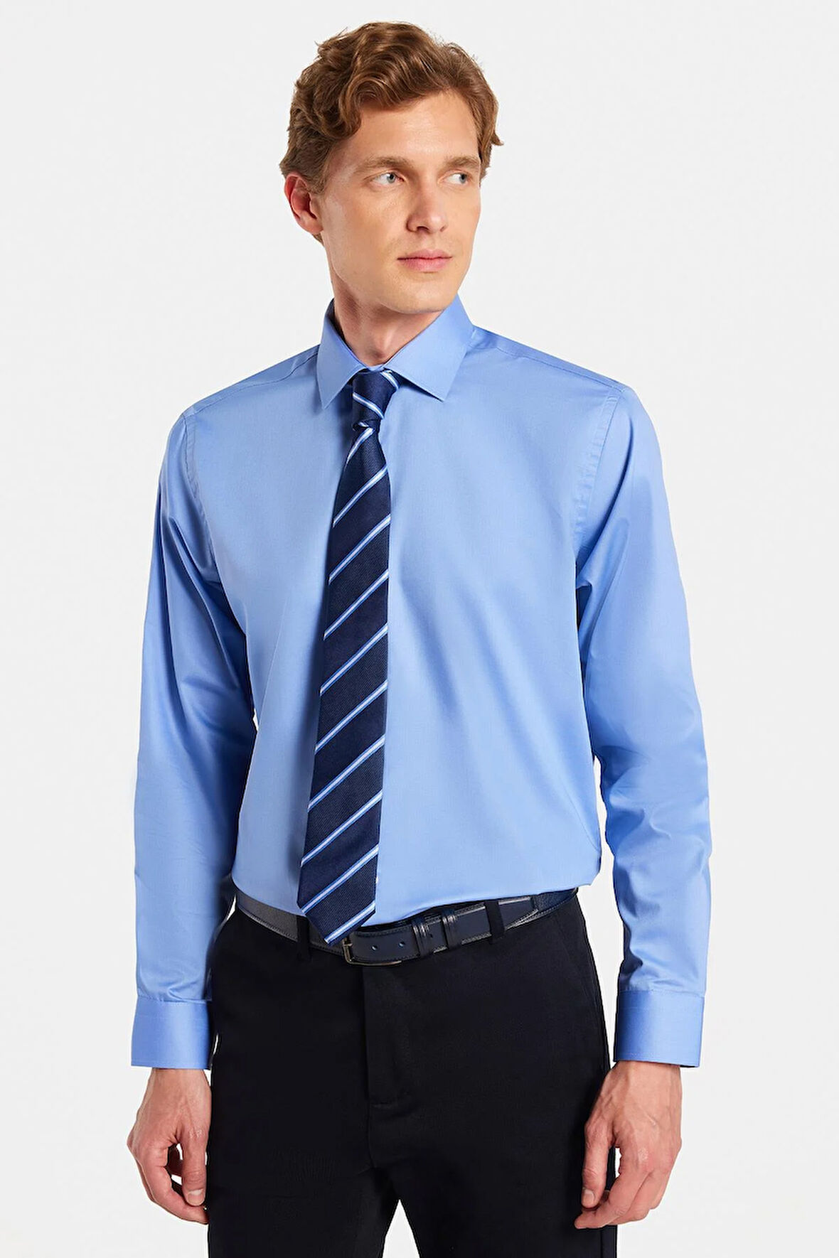 Erkek Regular Fit Mavi Non-Iron Pamuklu Doğa Dostu Ekoteks Belgeli Ütü Gerektirmez Gömlek