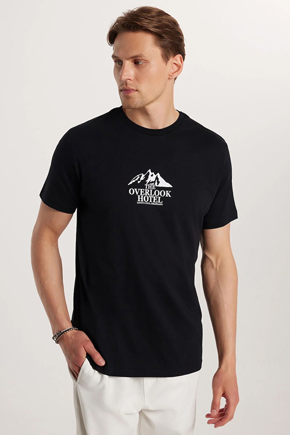 Erkek Slim Fit Dar Kesim %100 Pamuk Yumuşak Dokulu Baskılı Siyah Bisiklet Yaka Tişört