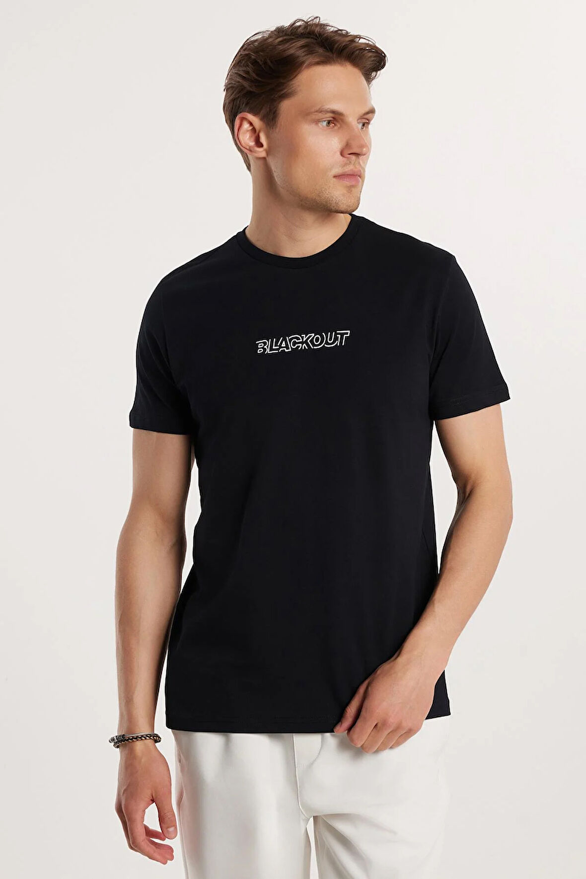 Erkek Slim Fit Dar Kesim %100 Pamuk Yumuşak Dokulu Baskılı Siyah Bisiklet Yaka Tişört