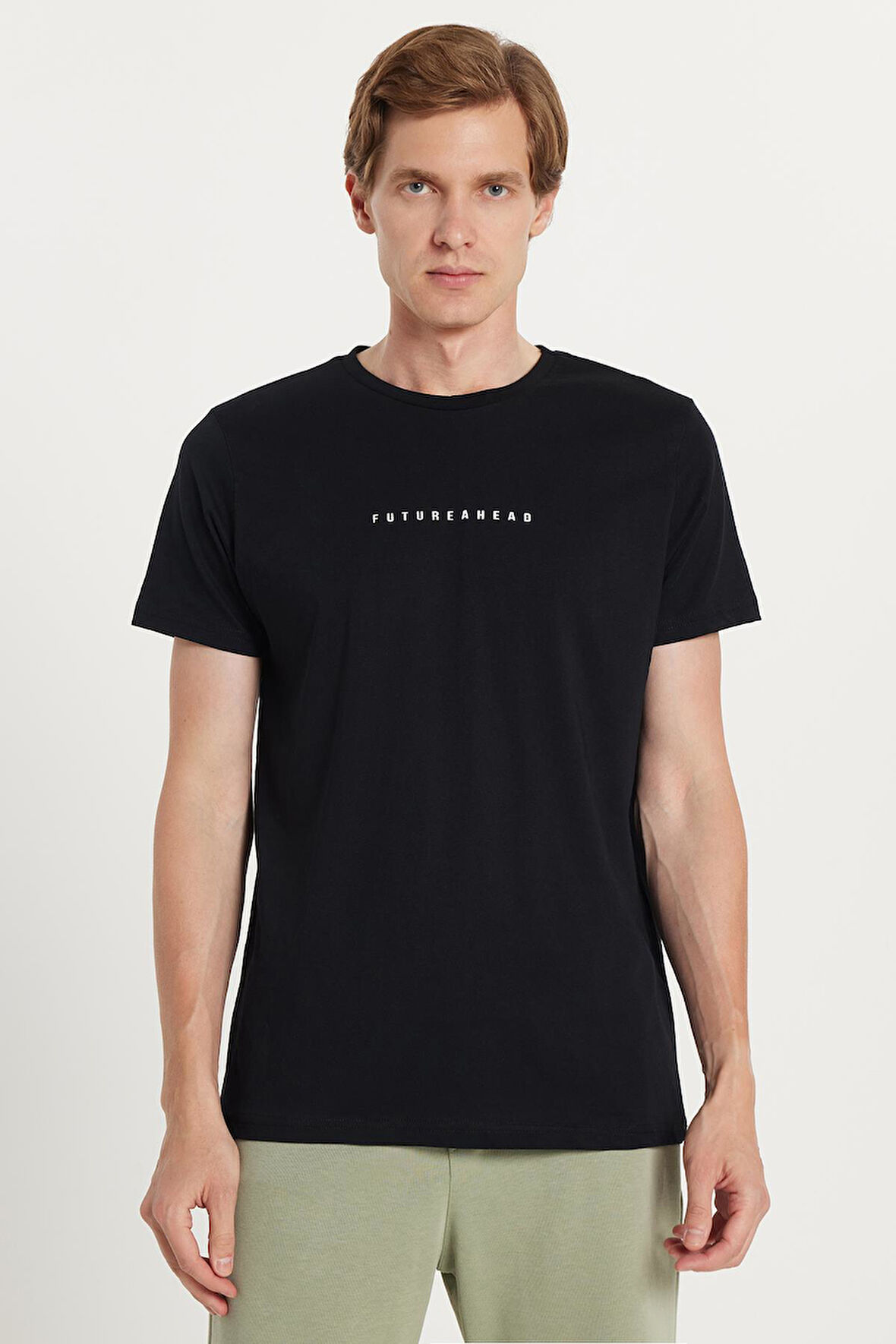 Erkek Slim Fit Dar Kesim %100 Pamuk Yumuşak Dokulu Baskılı Siyah Bisiklet Yaka Tişört