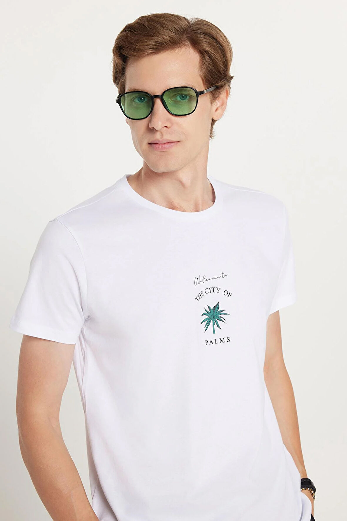 Erkek Slim Fit Dar Kesim %100 Pamuk Yumuşak Dokulu Baskılı Beyaz Bisiklet Yaka Tişört