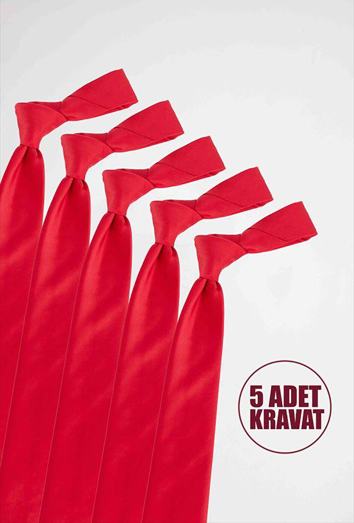 5'li Paket Düz Klasik Cep Mendilli Kırmızı Erkek Kravat