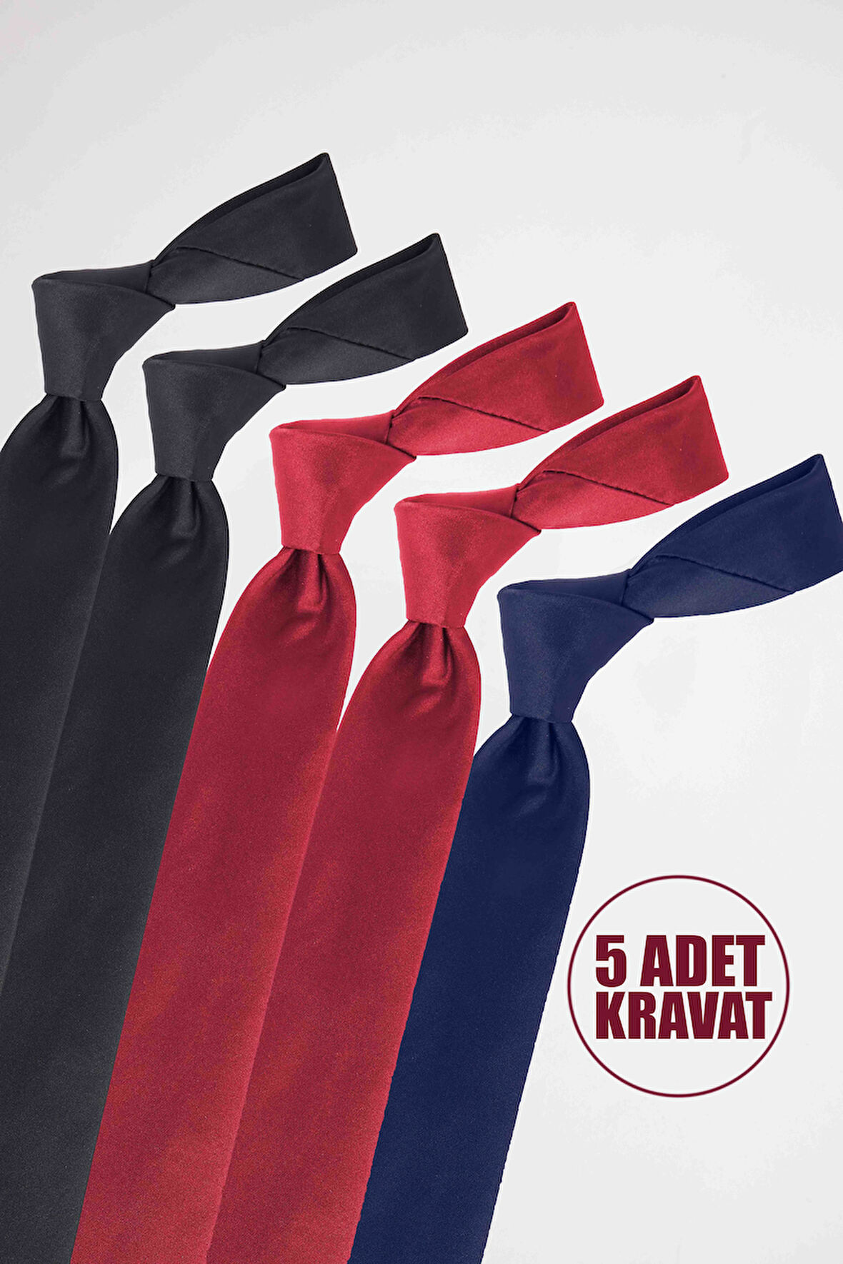 5'li Paket Düz Klasik Cep Mendilli Siyah-Bordo-Lacivert Erkek Kravat