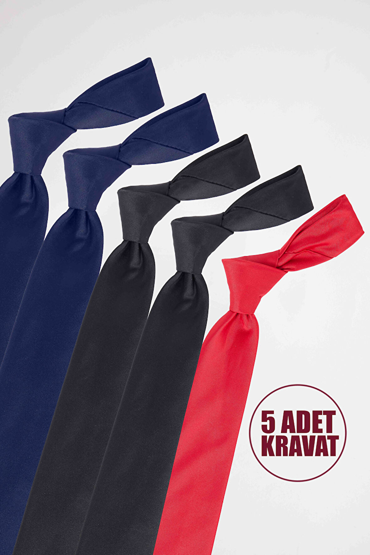 5'li Paket Düz İnce Lacivert-Siyah-Kırmızı Erkek Kravat