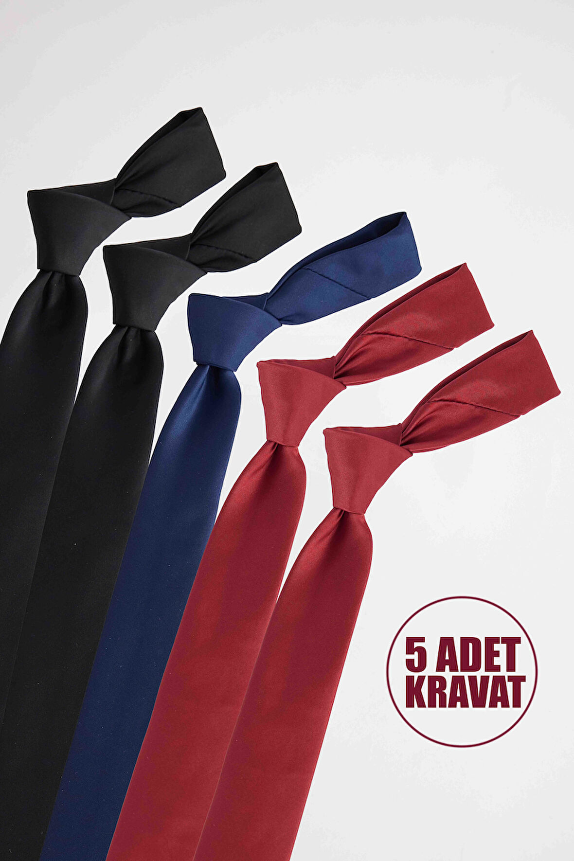 5'li Paket Düz İnce Siyah-Lacivert-Bordo Erkek Kravat