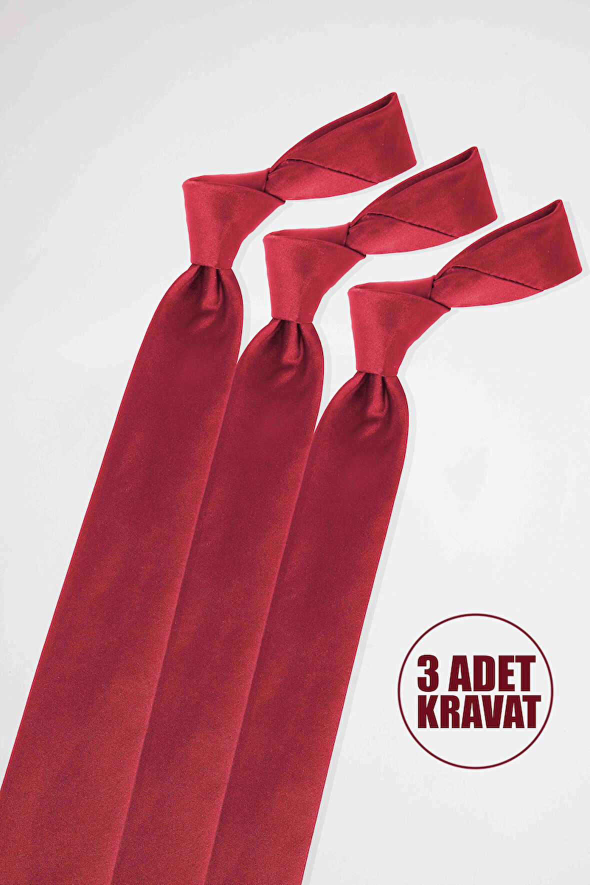 3'lü Paket Düz Klasik Cep Mendilli Bordo Erkek Kravat