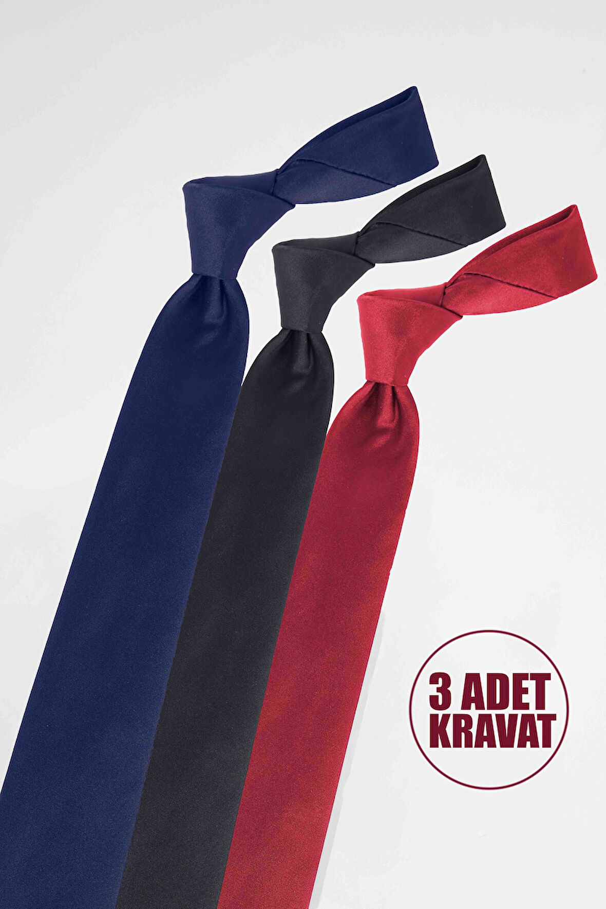 3'lü Paket Düz Klasik Cep Mendilli Lacivert-Siyah-Bordo Erkek Kravat