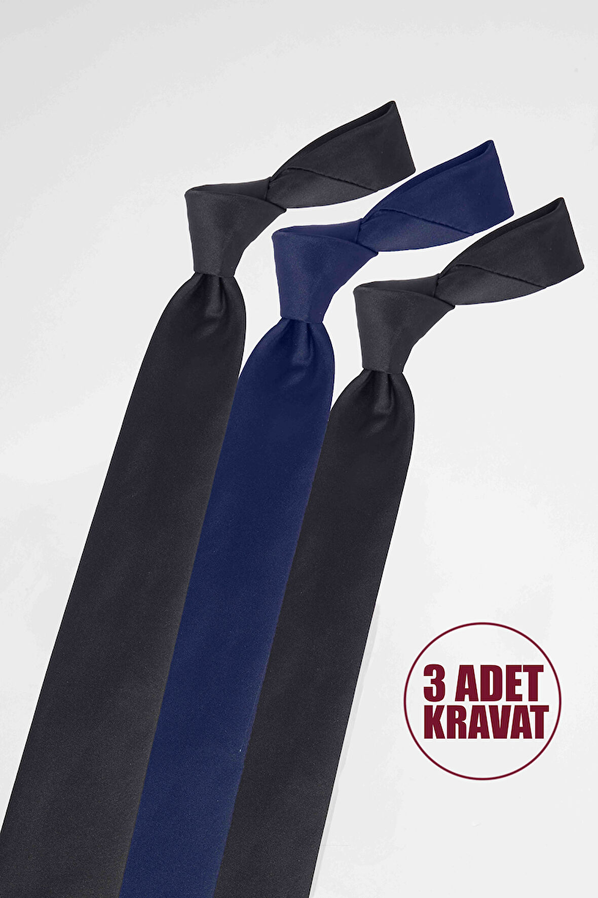 3'lü Paket Düz Klasik Cep Mendilli Siyah-Lacivert Erkek Kravat