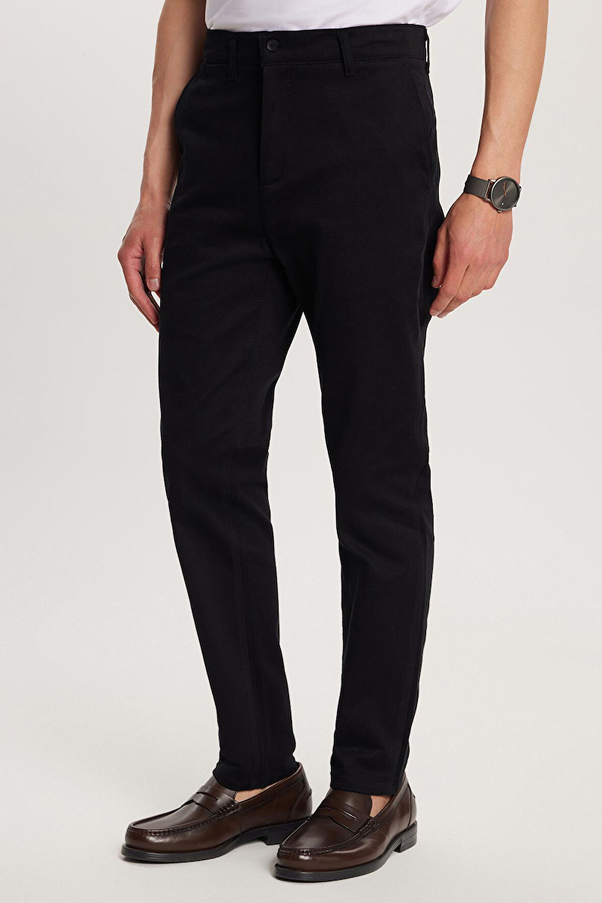 Erkek Regular Fit Chino Esnek Yandan Cepli Önü Fermuarlı Pamuklu Dokulu Siyah Pantolon