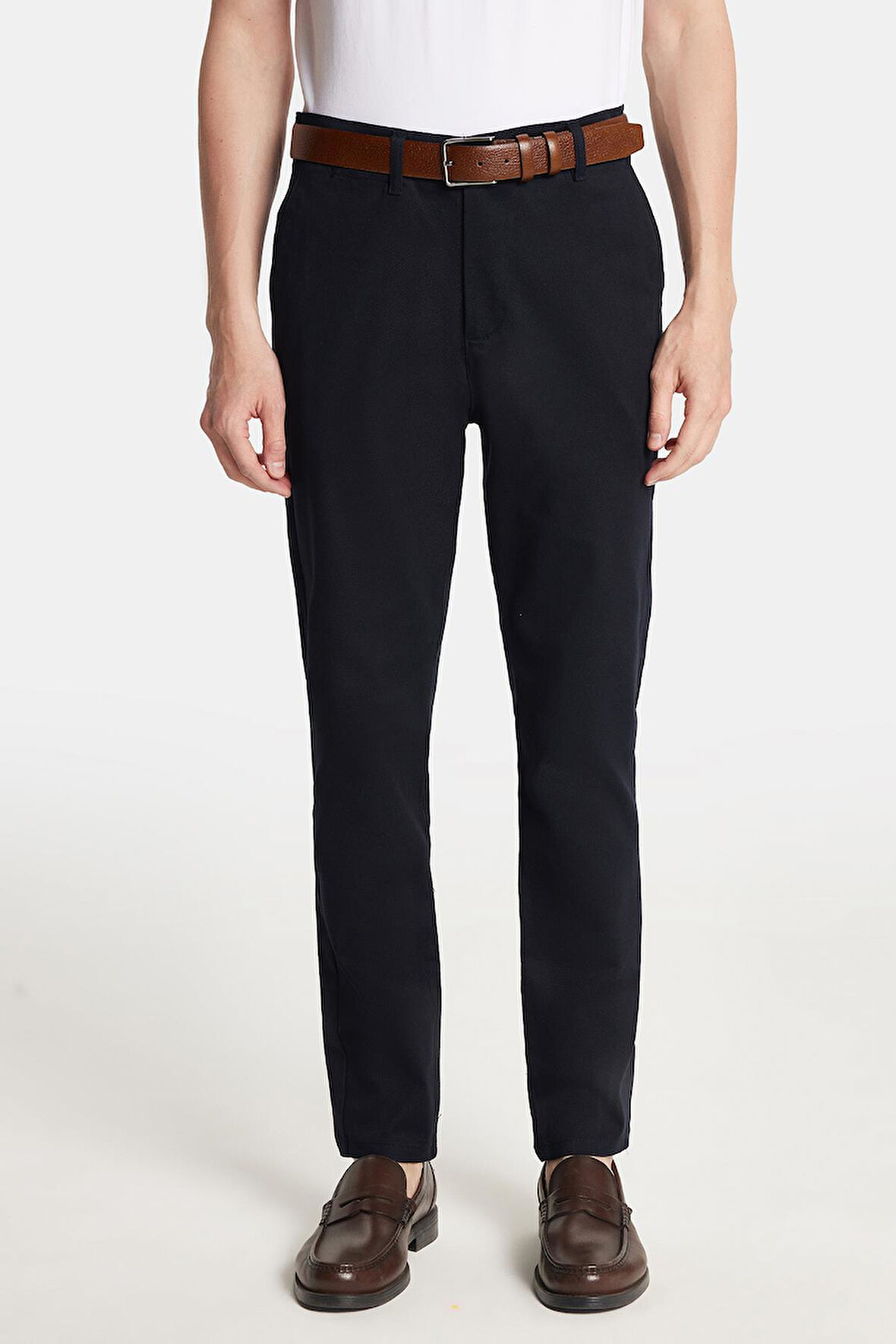 Erkek Regular Fit Chino Esnek Yandan Cepli Önü Fermuarlı Pamuklu Dokulu Lacivert Pantolon