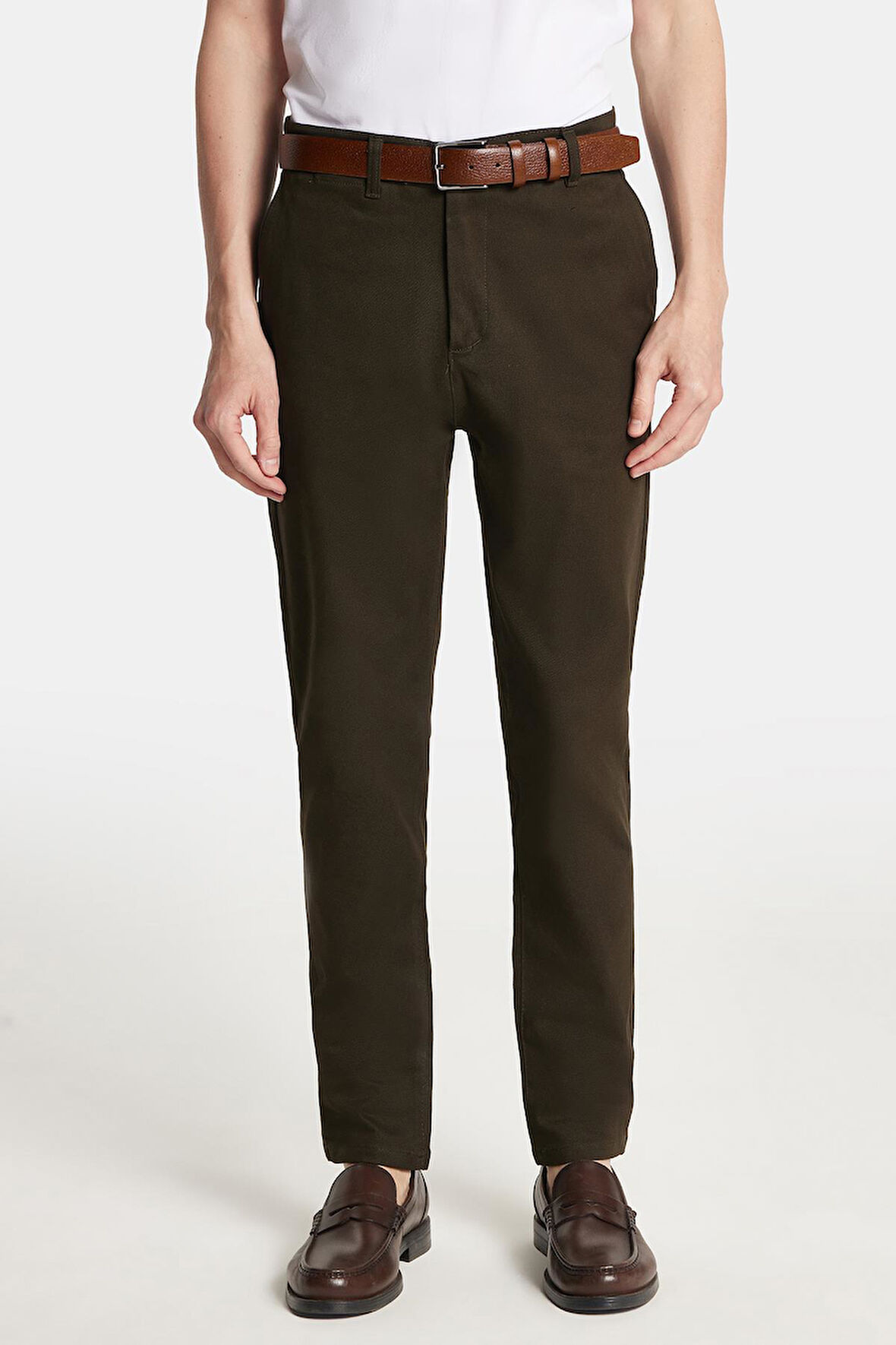 Erkek Regular Fit Chino Esnek Yandan Cepli Önü Fermuarlı Pamuklu Dokulu Haki Pantolon