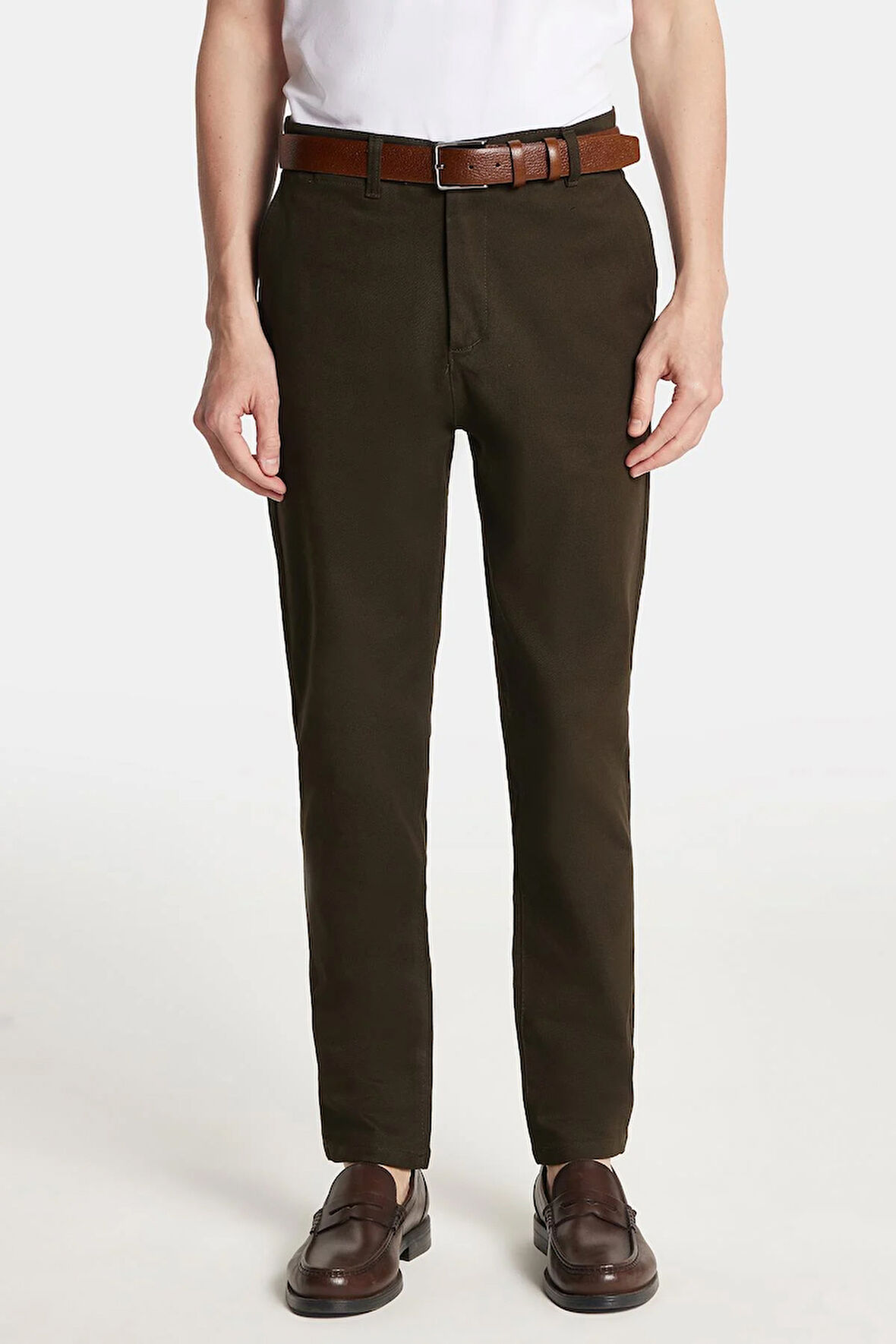 Erkek Regular Fit Chino Esnek Yandan Cepli Önü Fermuarlı Pamuklu Dokulu Haki Pantolon