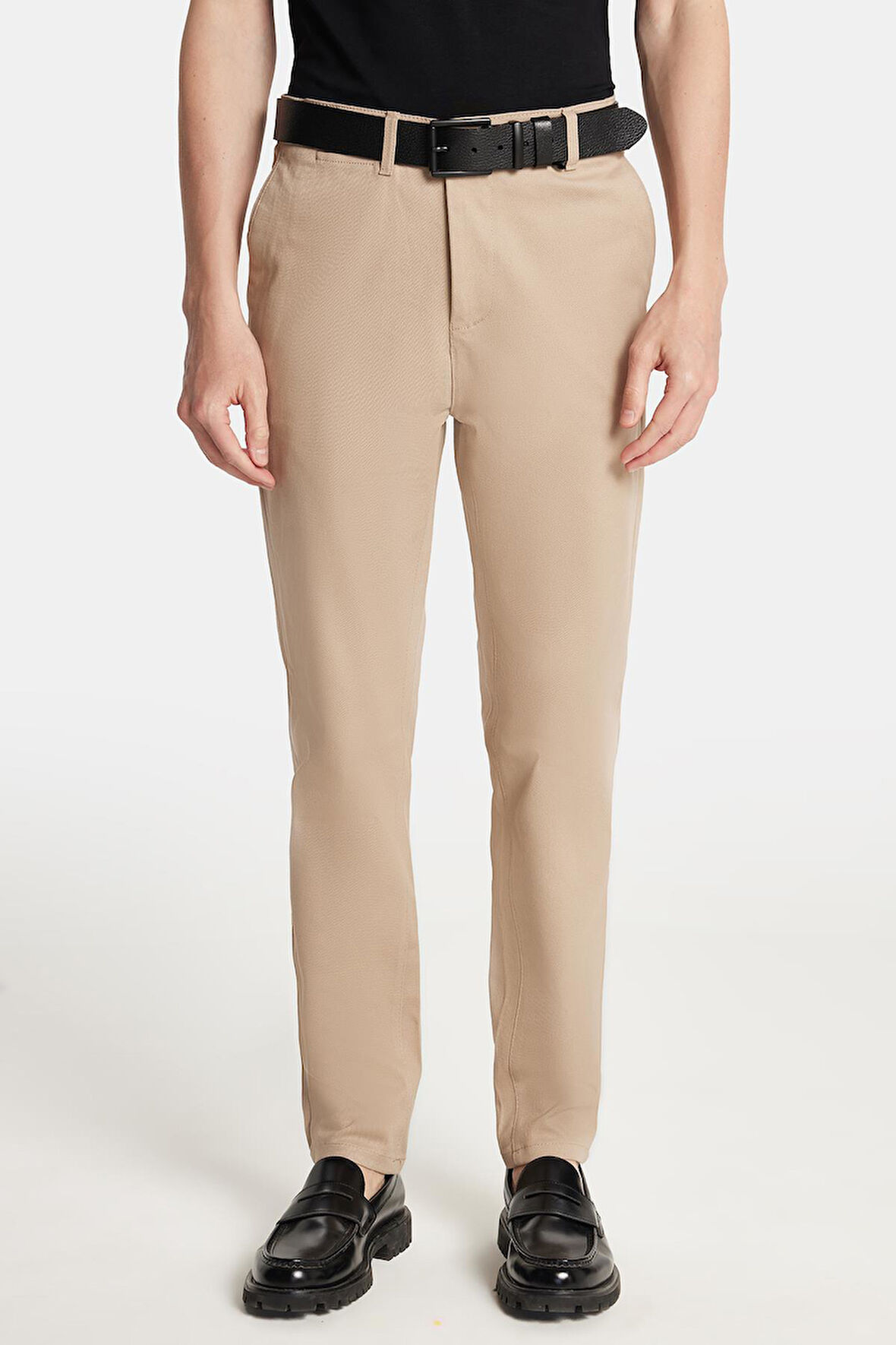 Erkek Regular Fit Chino Esnek Yandan Cepli Önü Fermuarlı Pamuklu Dokulu Bej Pantolon