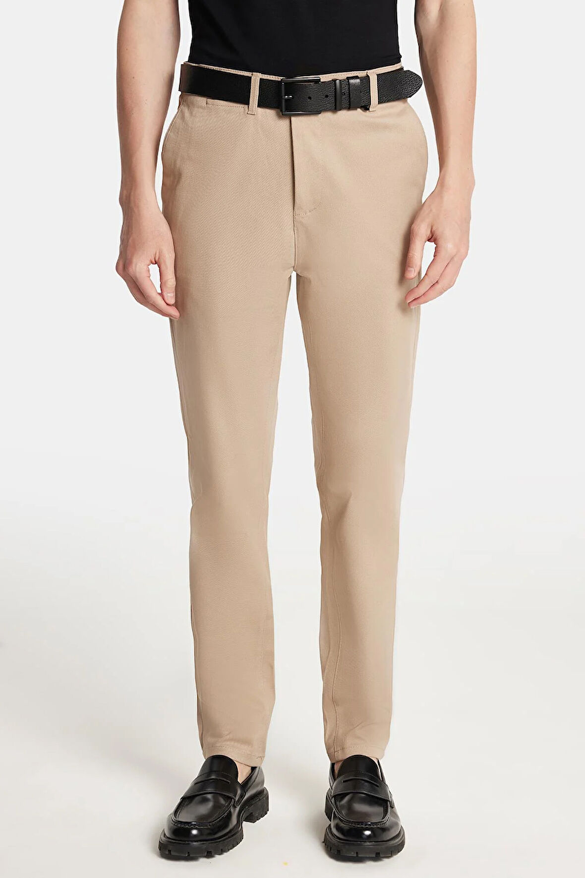 Erkek Regular Fit Chino Esnek Yandan Cepli Önü Fermuarlı Pamuklu Dokulu Bej Pantolon