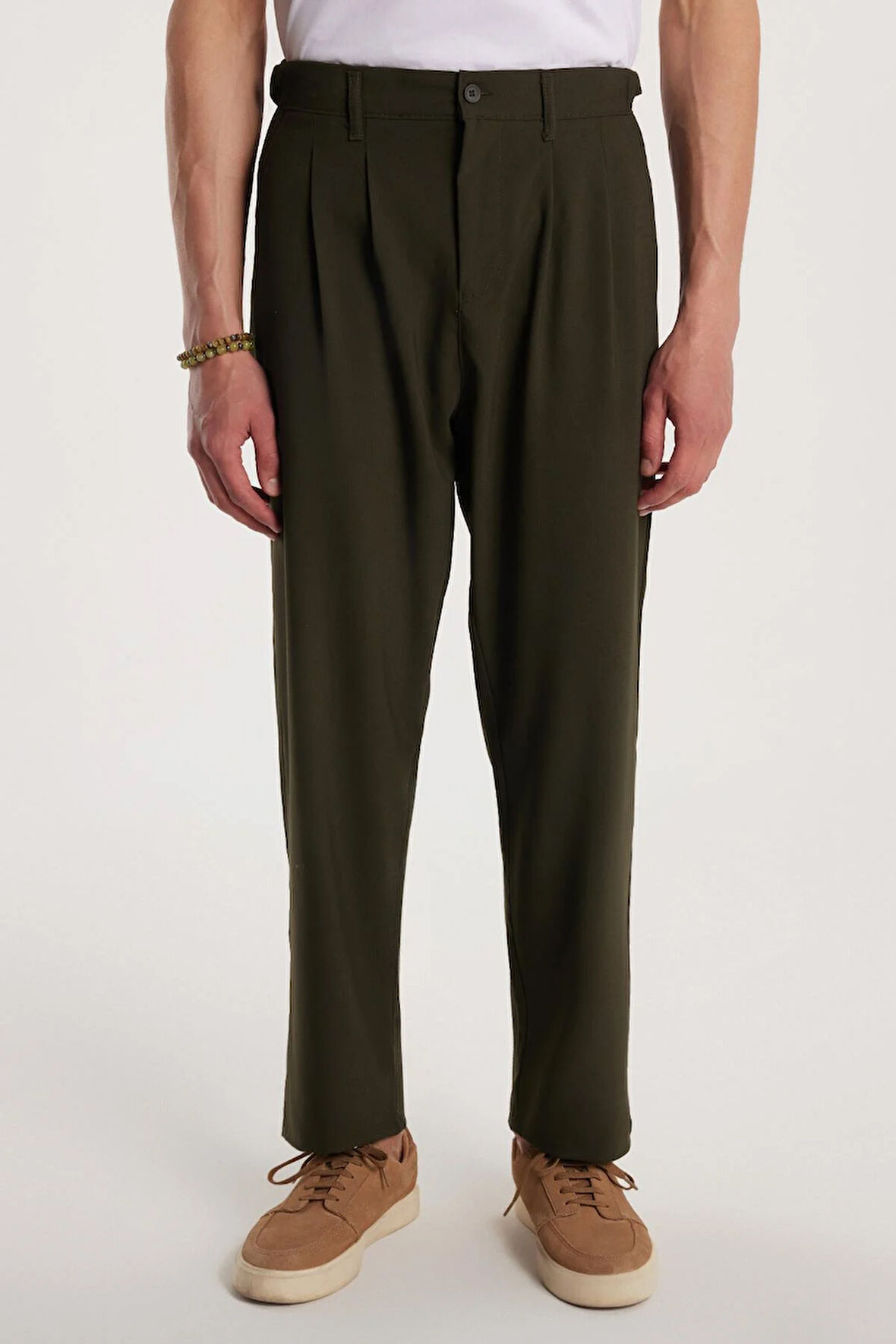 Erkek Çift Pileli Beli Lastikli Rahat Kesim Bol Paça Baggy Haki Pantolon