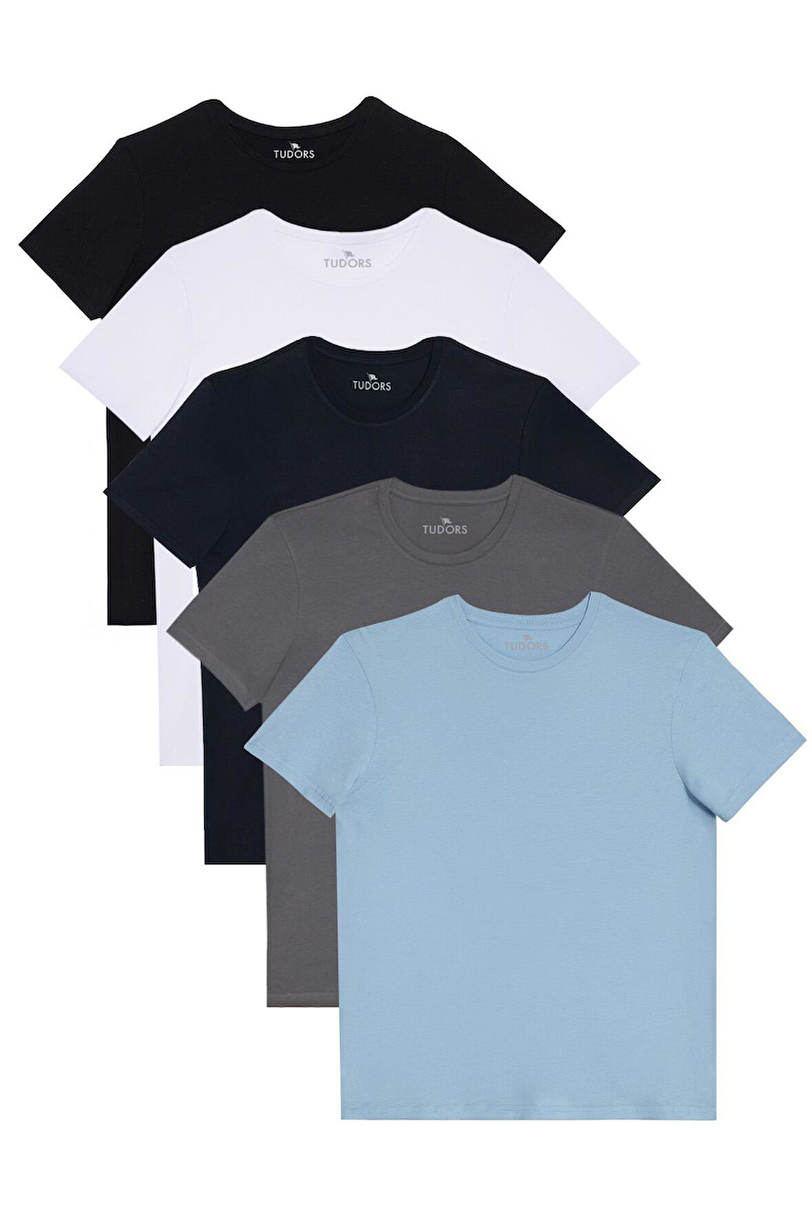 Unisex 5'li Pkt Siyah-Beyaz-Lacivert-K.Gri-A.Mavi Slim Fit Dar Kesim %100 Pamuk Bisiklet Yaka Tişört