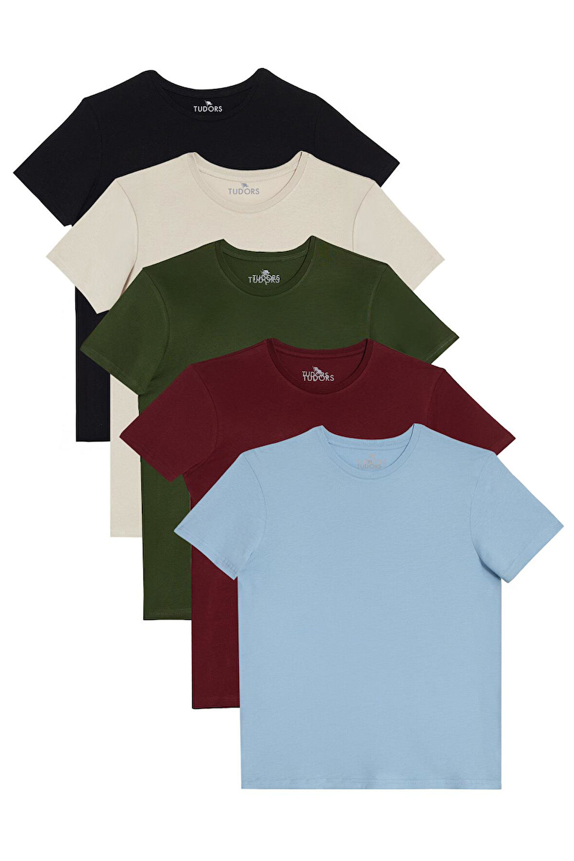 Unisex 5'li Paket Lacivert-Taş-Haki-Bordo-A.Mavi Slim Fit Dar Kesim %100 Pamuk Bisiklet Yaka Tişört