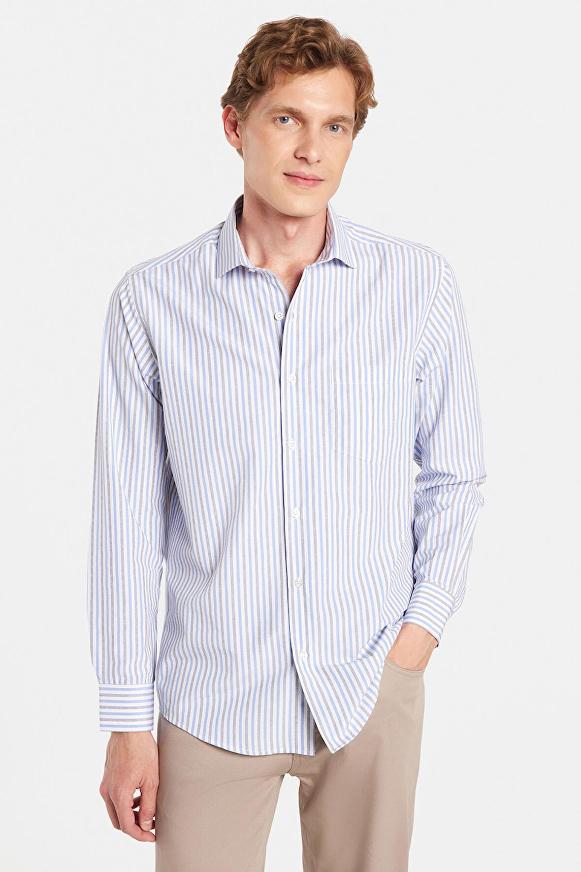 Erkek Regular Fit Klasik Kesim İnce Çizgili Pamuklu Kravatlık Yaka Gömlek