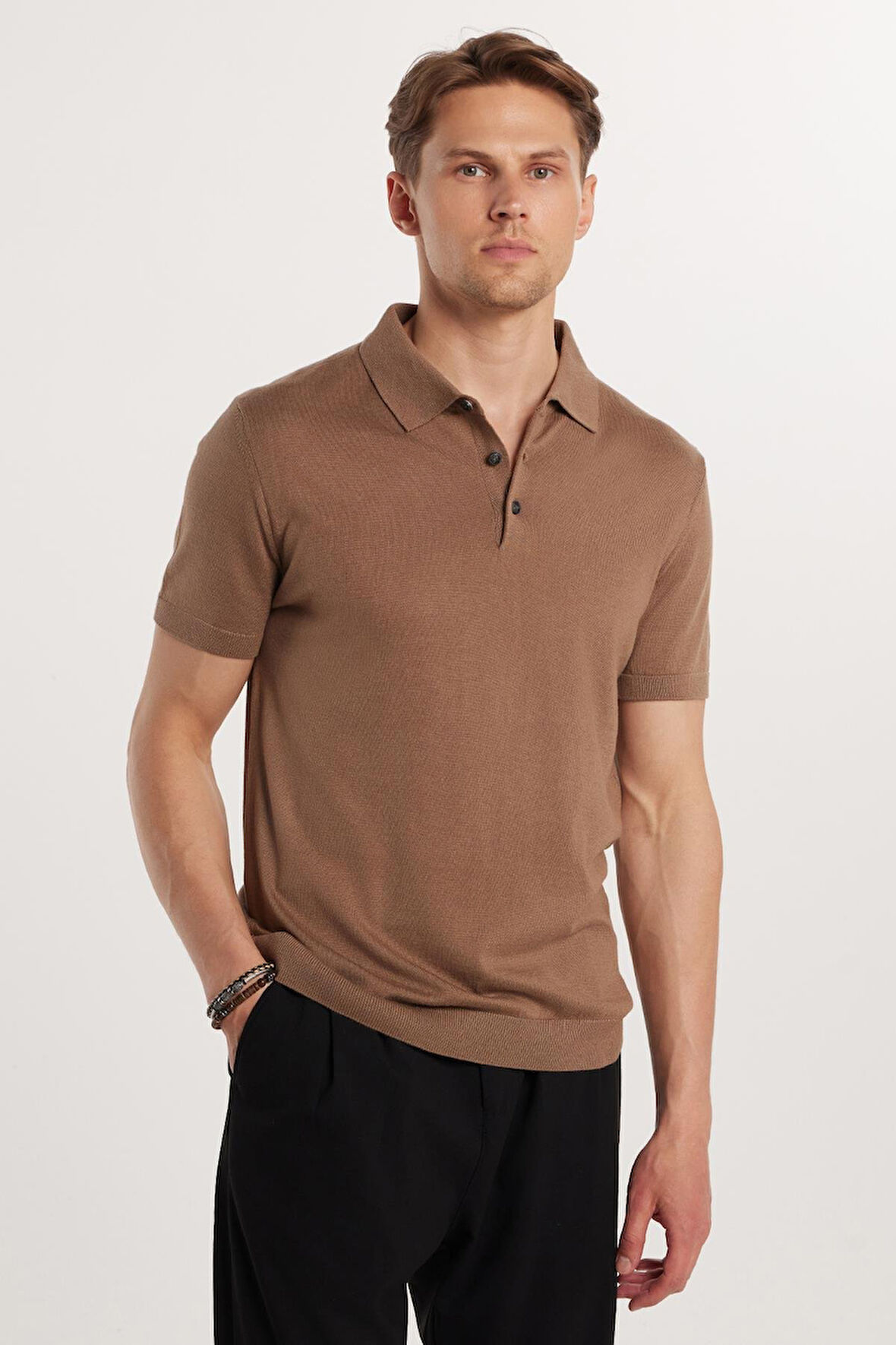 Erkek Slim Fit Dar Kesim Pamuklu Örme Triko Vizon Polo Yaka Tişört