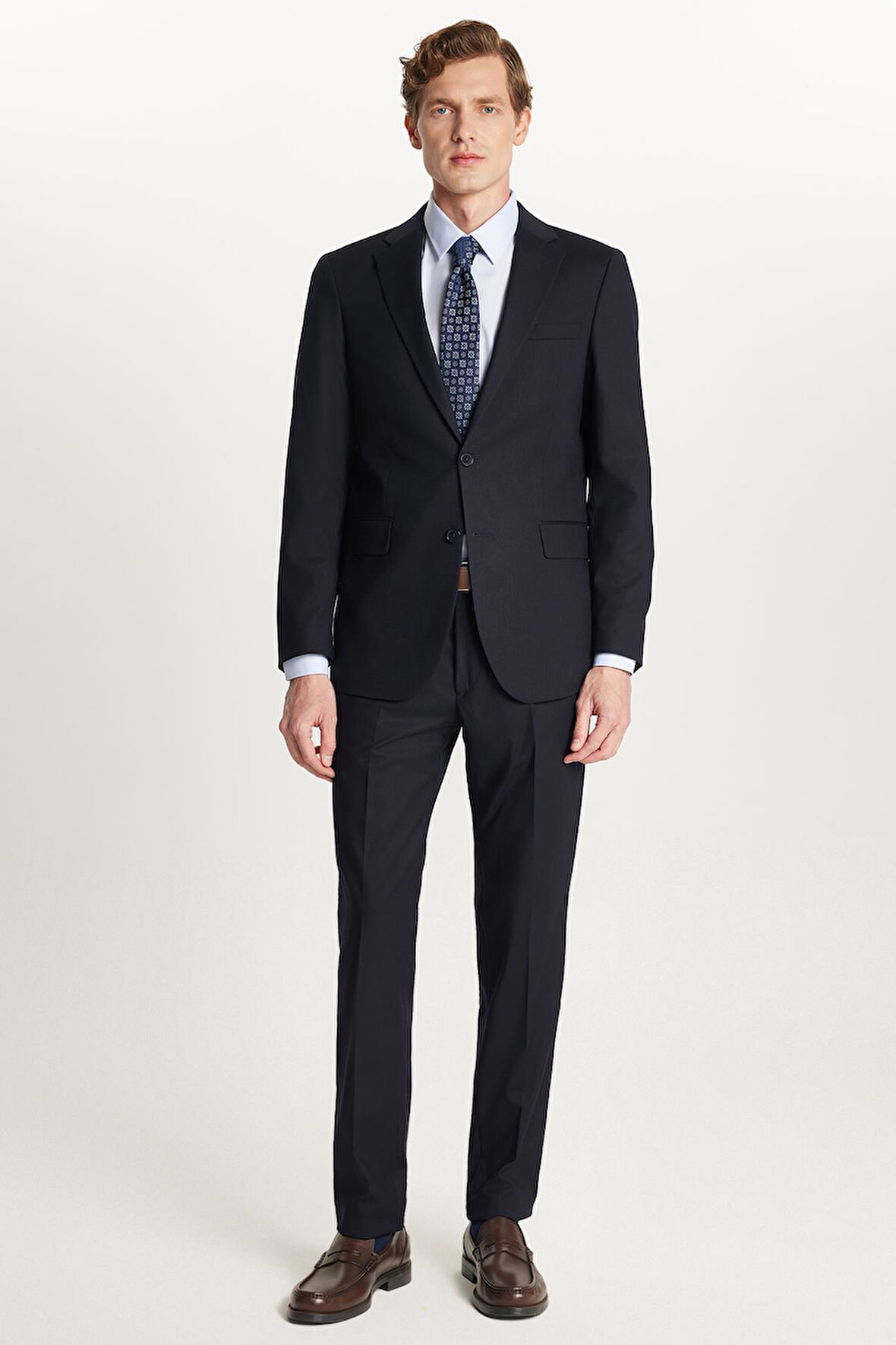 Erkek Slim Fit Mono Yaka Likralı Esnek Kumaş Lacivert Takım Elbise