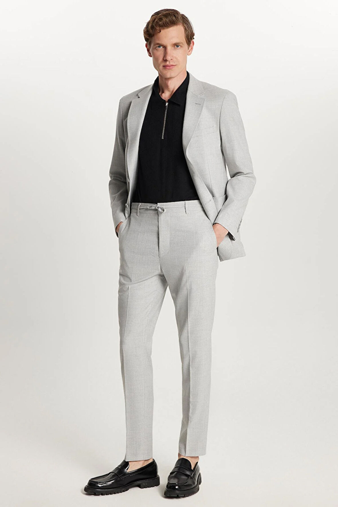 Erkek Regular Fit Gri Esnek Likralı Kumaş Mono Yaka Torba Cepli Takım Elbise